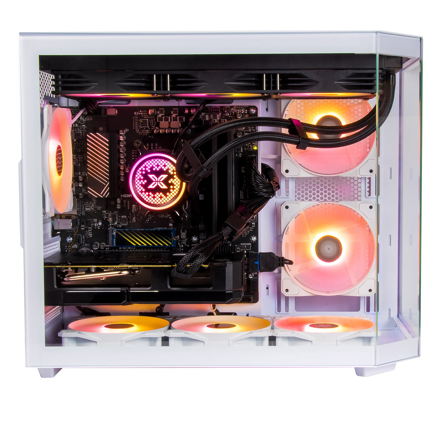 White computer case with multiple fans and internal components, all illuminated.