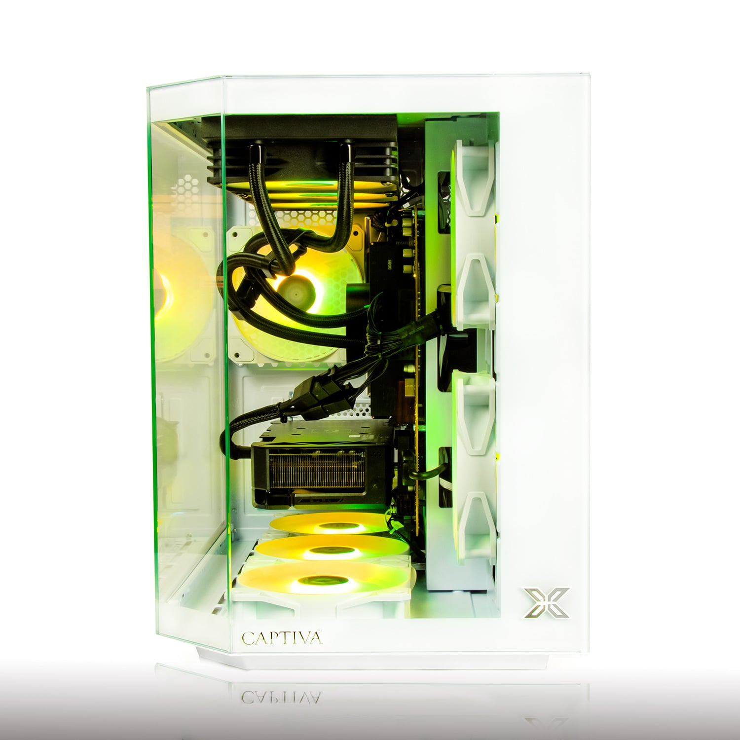 White computer case with glass side panel, showing internal components and fans with yellow-green light.