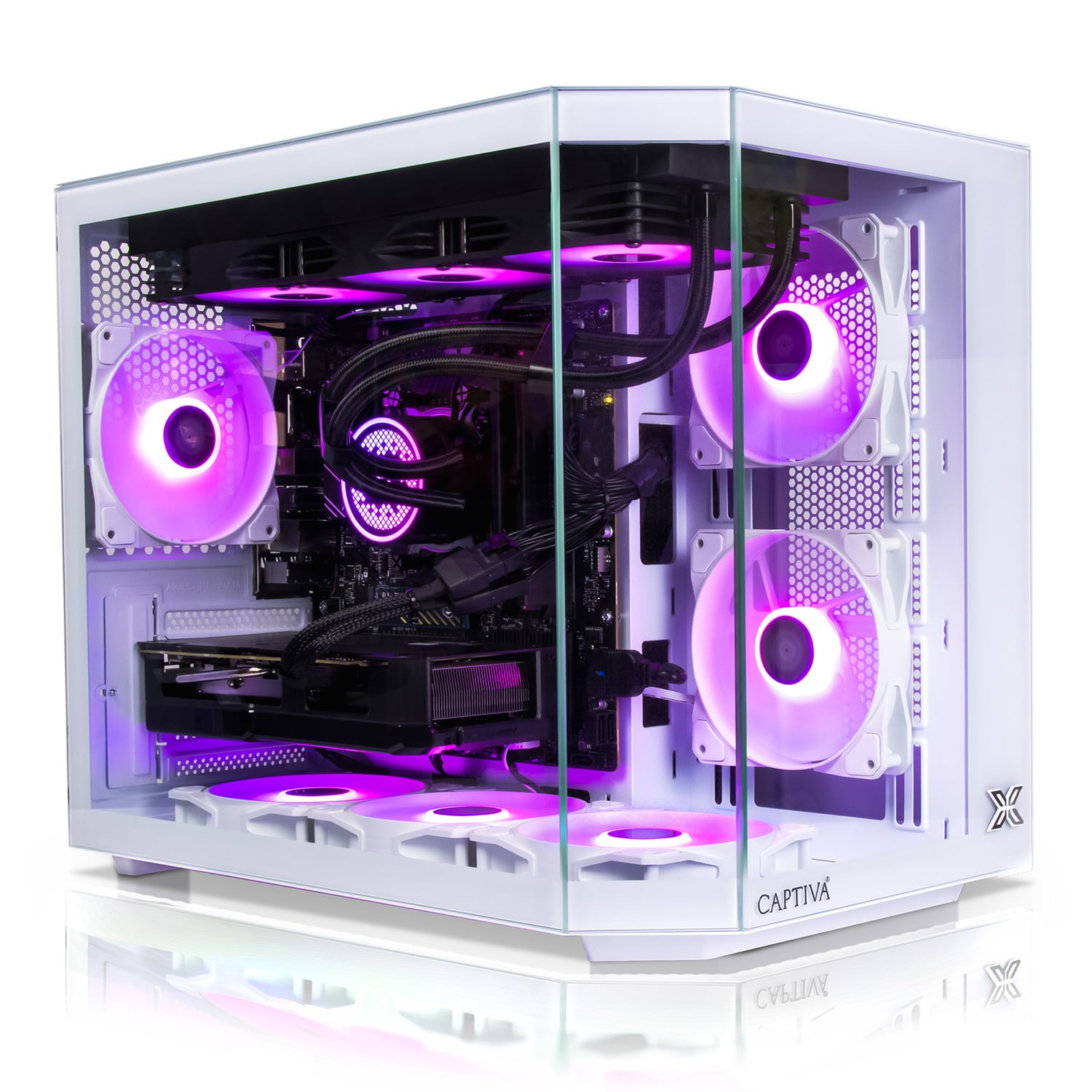 A white computer case with glass side panels, showcasing internal components and fans with purple light.