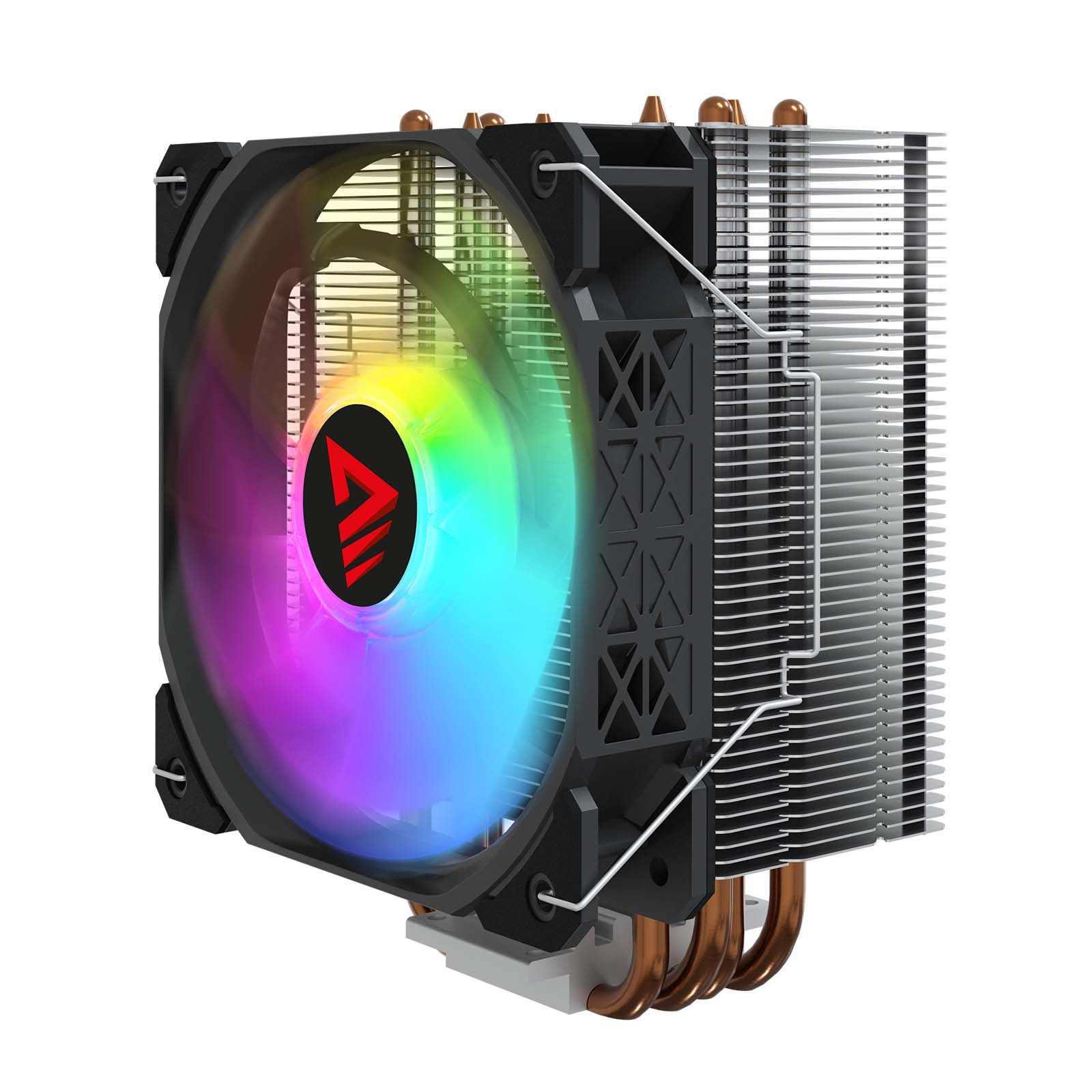 Chłodzenie procesora z tęczowym wentylatorem i srebrno-czarnym designem.