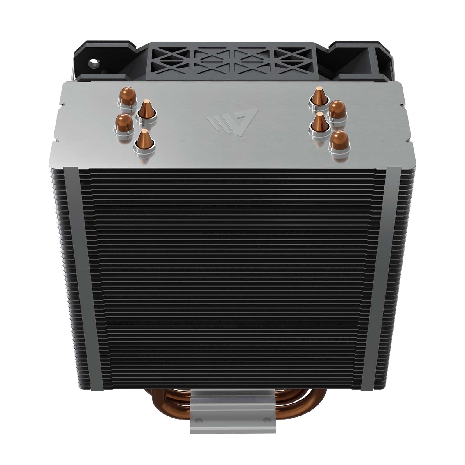 Widok z góry na chłodnicę procesora z rurkami cieplnymi i żebrami.