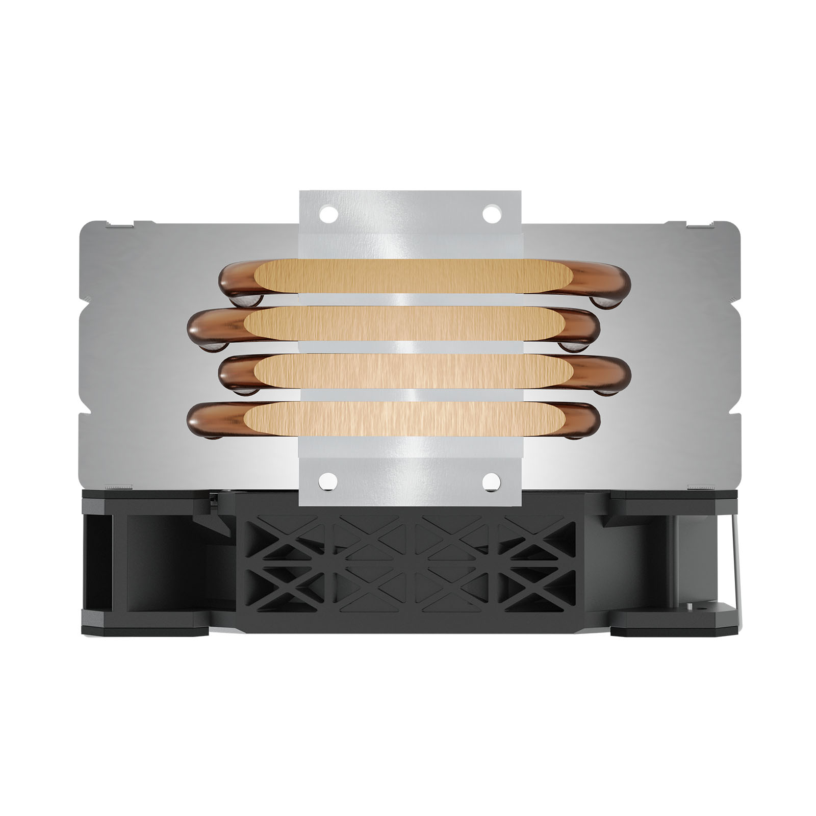 Widok z góry na chłodnicę procesora z rurkami cieplnymi, żeberkami i czarną podstawą.