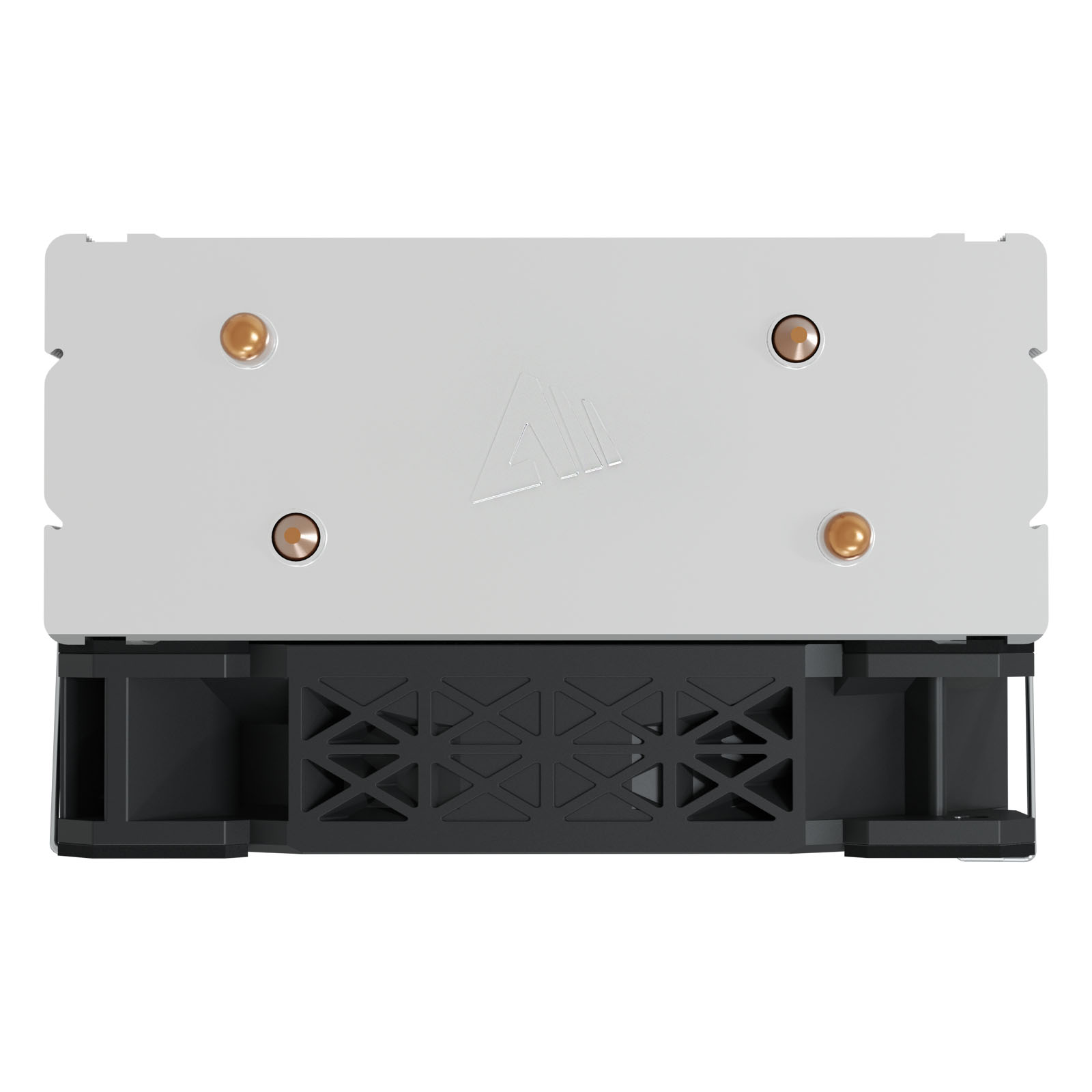 Widok od dołu chłodzenia procesora z czarnym wentylatorem i białą podstawą, pokazujący logo.