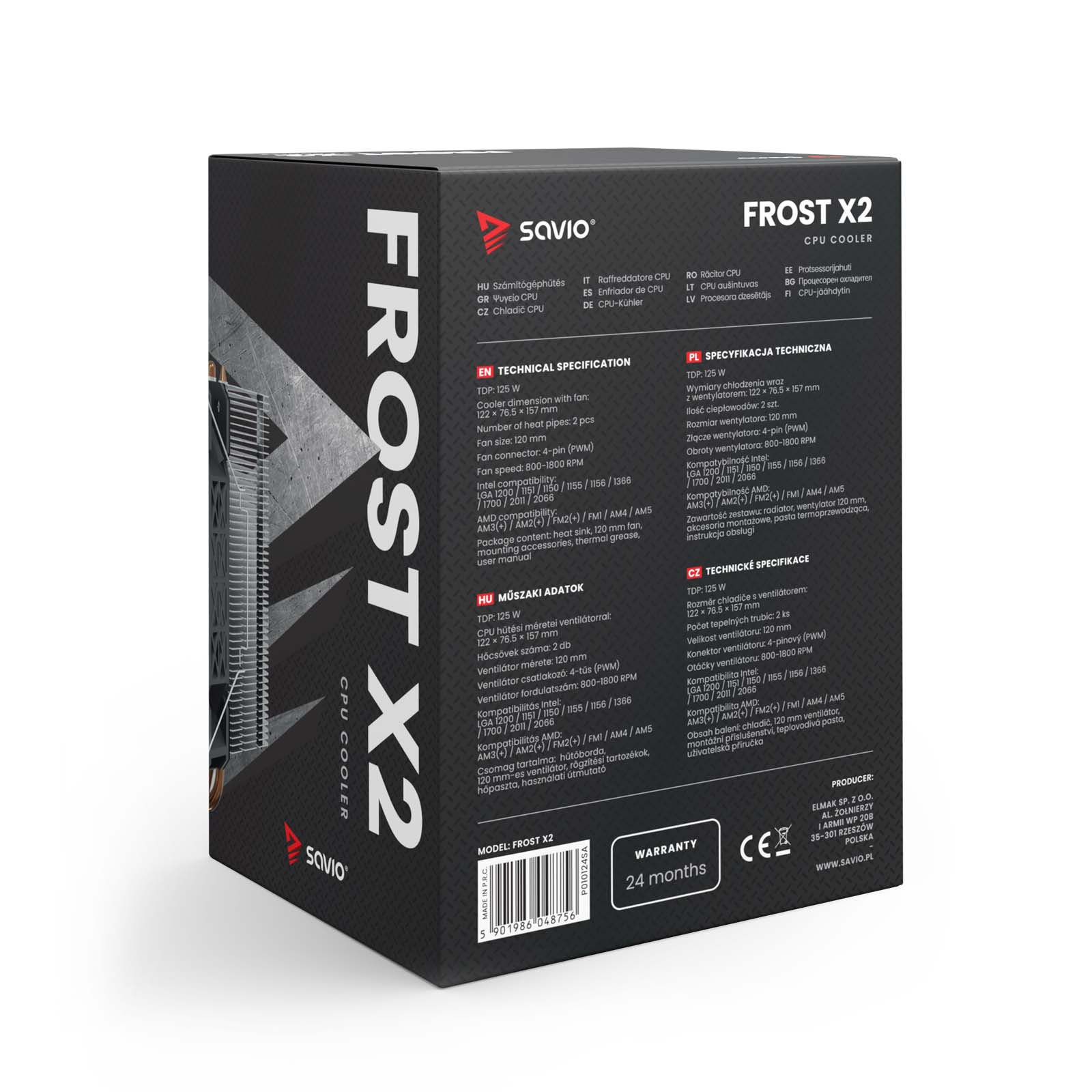Pudełko produktu do chłodzenia procesora z tekstem i specyfikacjami. Pudełko jest białe, czarne i niebieskie.