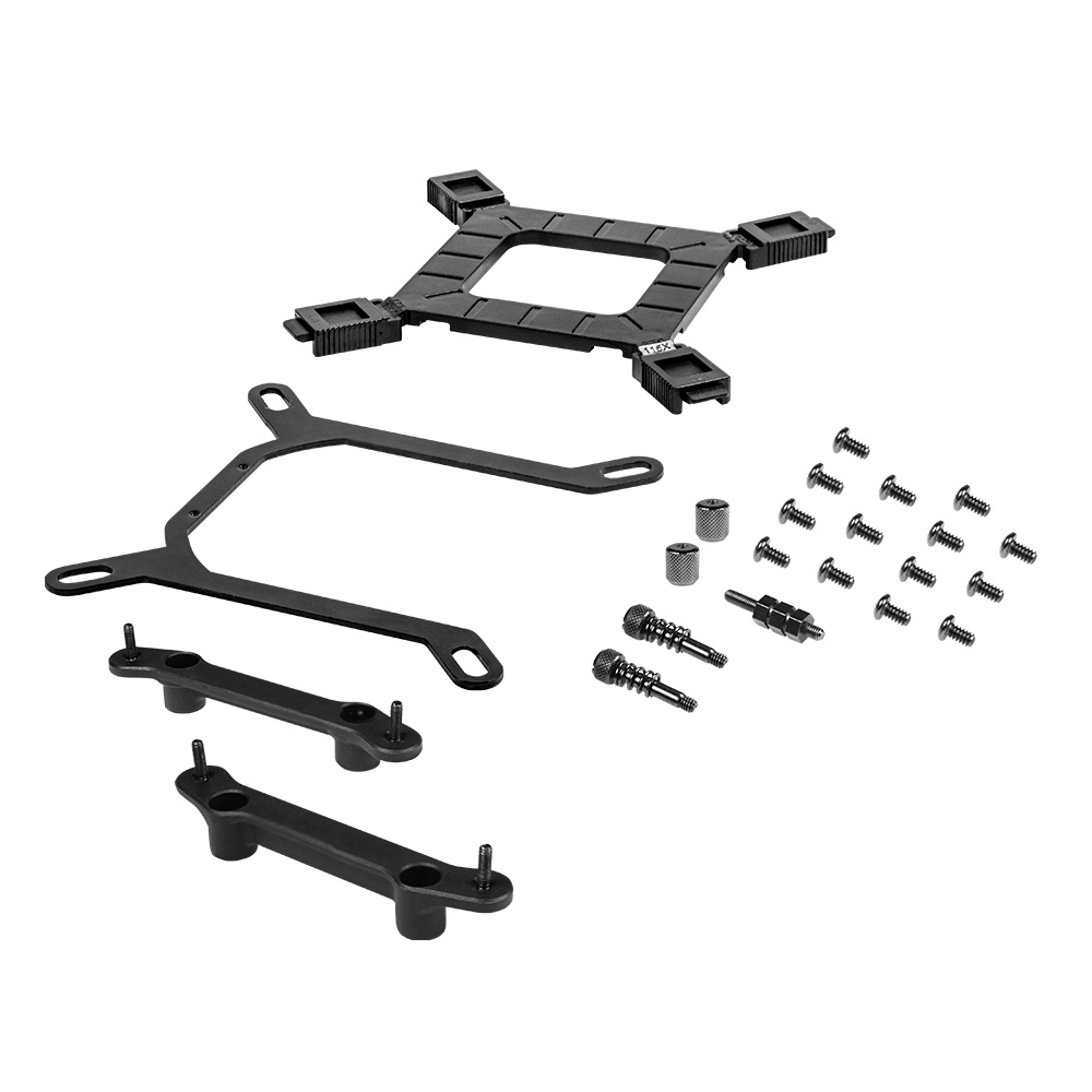 Osprzęt montażowy chłodnicy komputera: wsporniki, śruby i dystanse, ułożone na białej powierzchni.