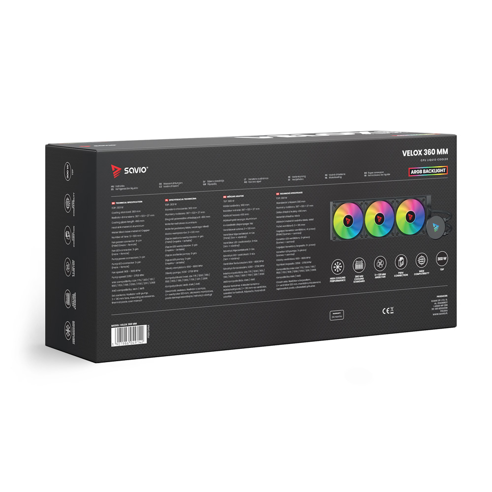 Tył pudełka chłodzenia cieczą procesora VELOX 360 MM. Zawiera specyfikacje techniczne i zdjęcia produktu.