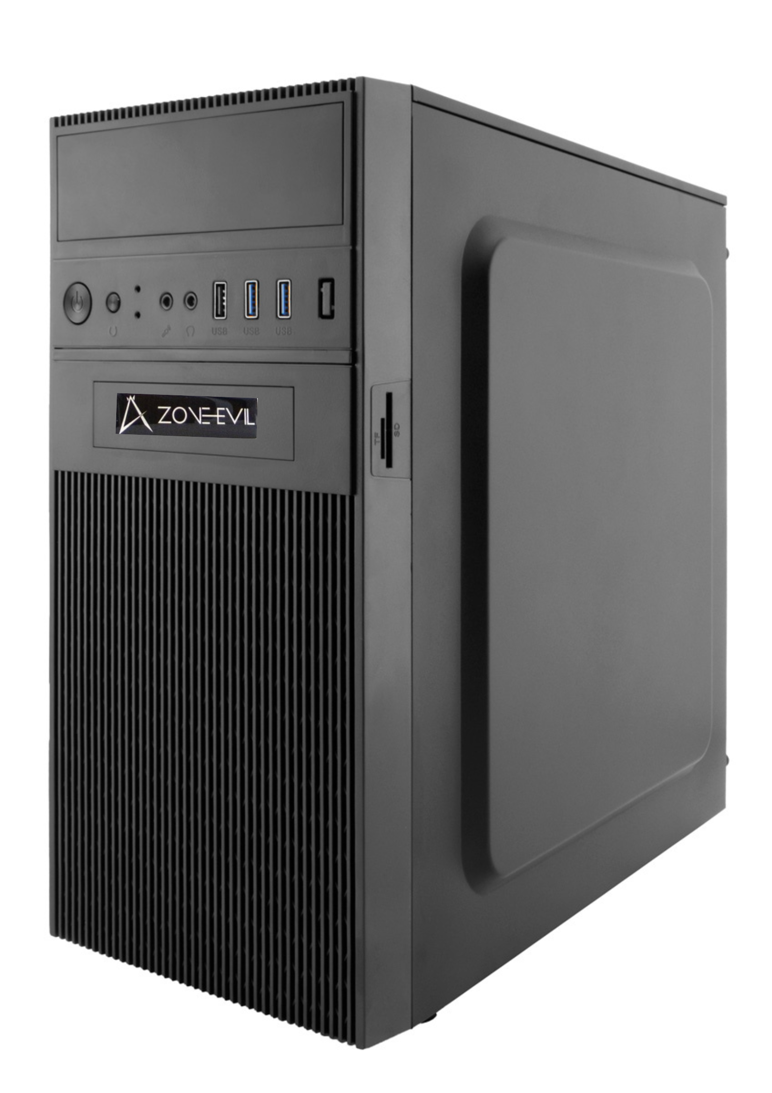 Un case per computer nero con il logo ZONE-EVIL. La parte anteriore ha un design a rete e alcune porte. Sfondo bianco.