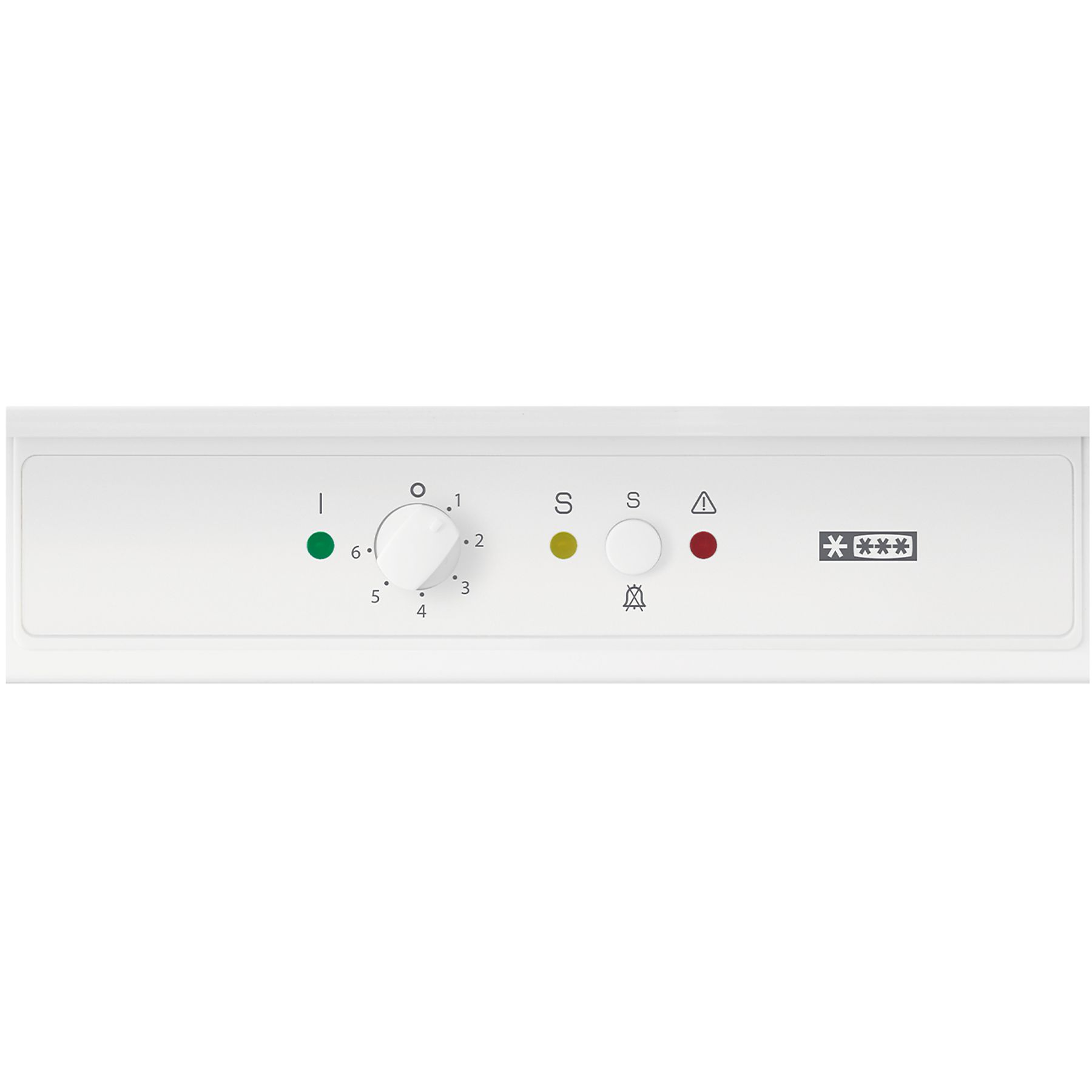 Pannello di controllo su un elettrodomestico bianco. Dotato di un quadrante numerato da 1 a 6, spie luminose e classificazione a stelle del congelatore.