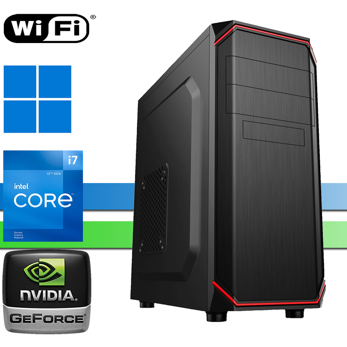 Schwarzer Computerturm mit roten Akzenten, Wi-Fi-Symbol, Windows-Logo, Intel i7-Aufkleber und Nvidia GeForce-Logo.