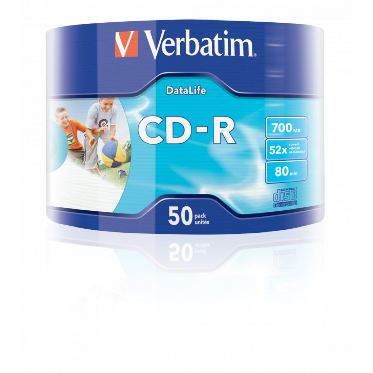 Opakowanie CD-R Verbatim w niebiesko-białym wzornictwie. Zawiera zdjęcia bawiących się dzieci, szczegóły CD-R i specyfikacje produktu.
