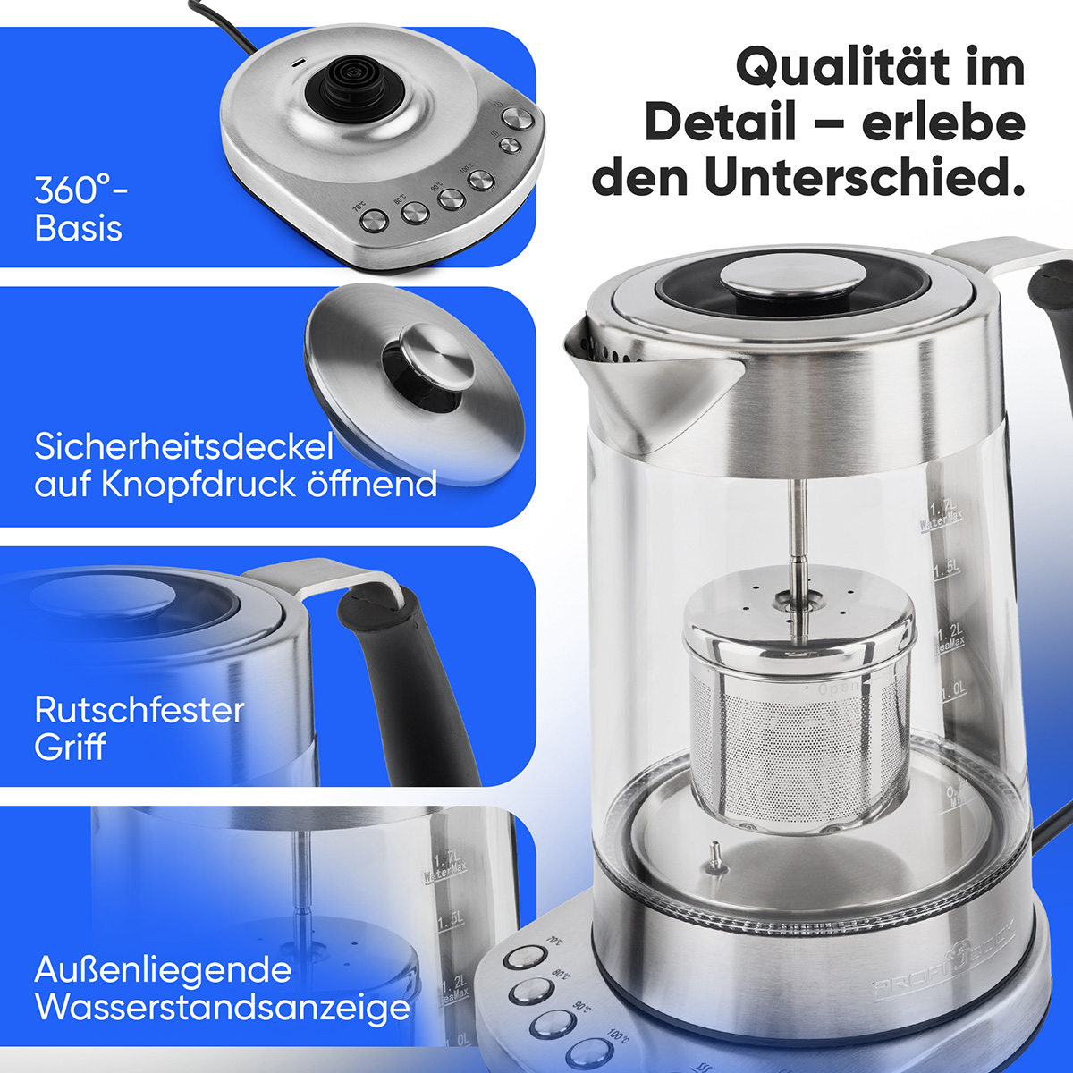 Zbliżenie czajnika do herbaty ze szklanym korpusem i szczegółami podkreślającymi jakość produktu.