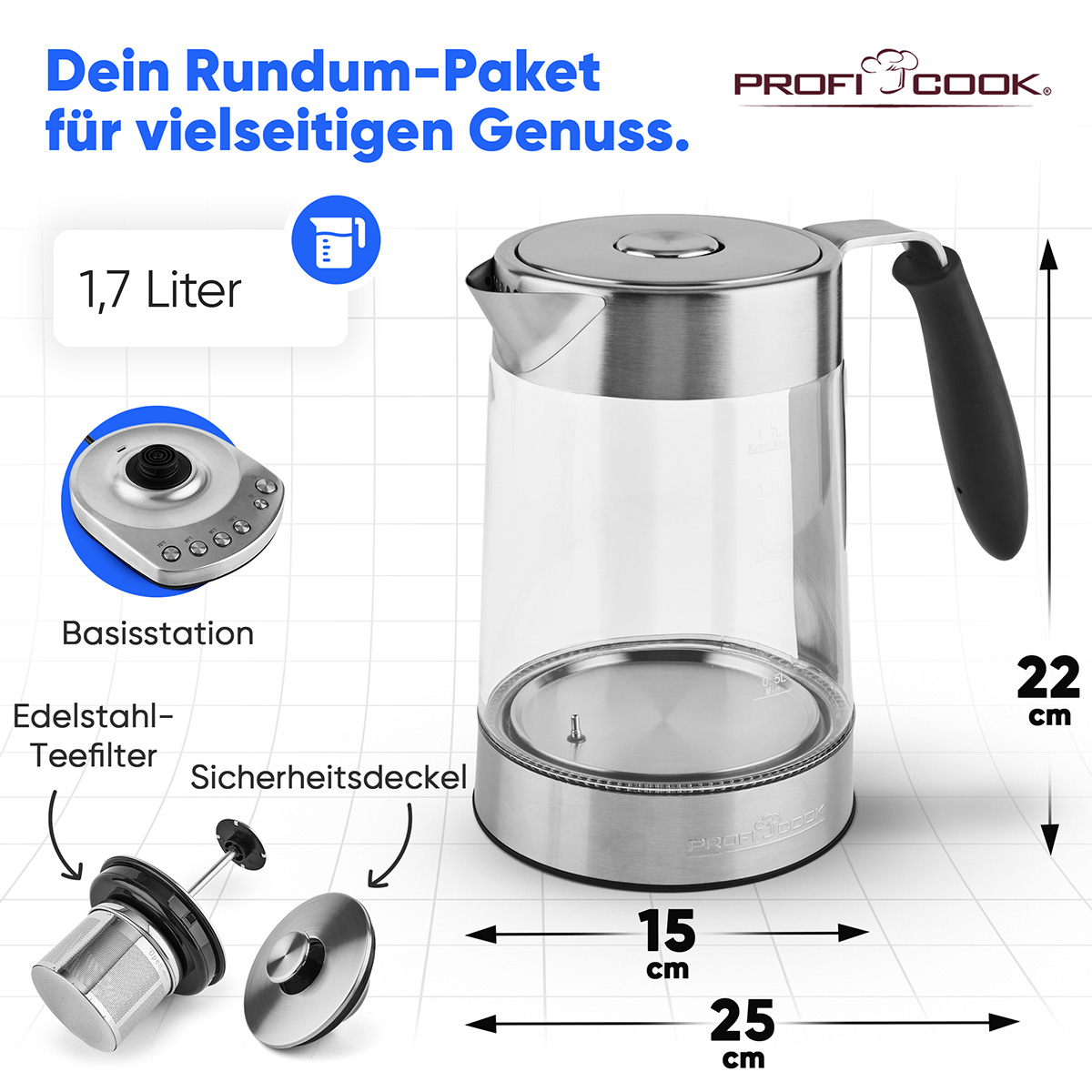 Kobieta trzyma kubek w pobliżu szklanego czajnika, w otoczeniu kuchni. Czajnik stoi na podstawie z przyciskami.