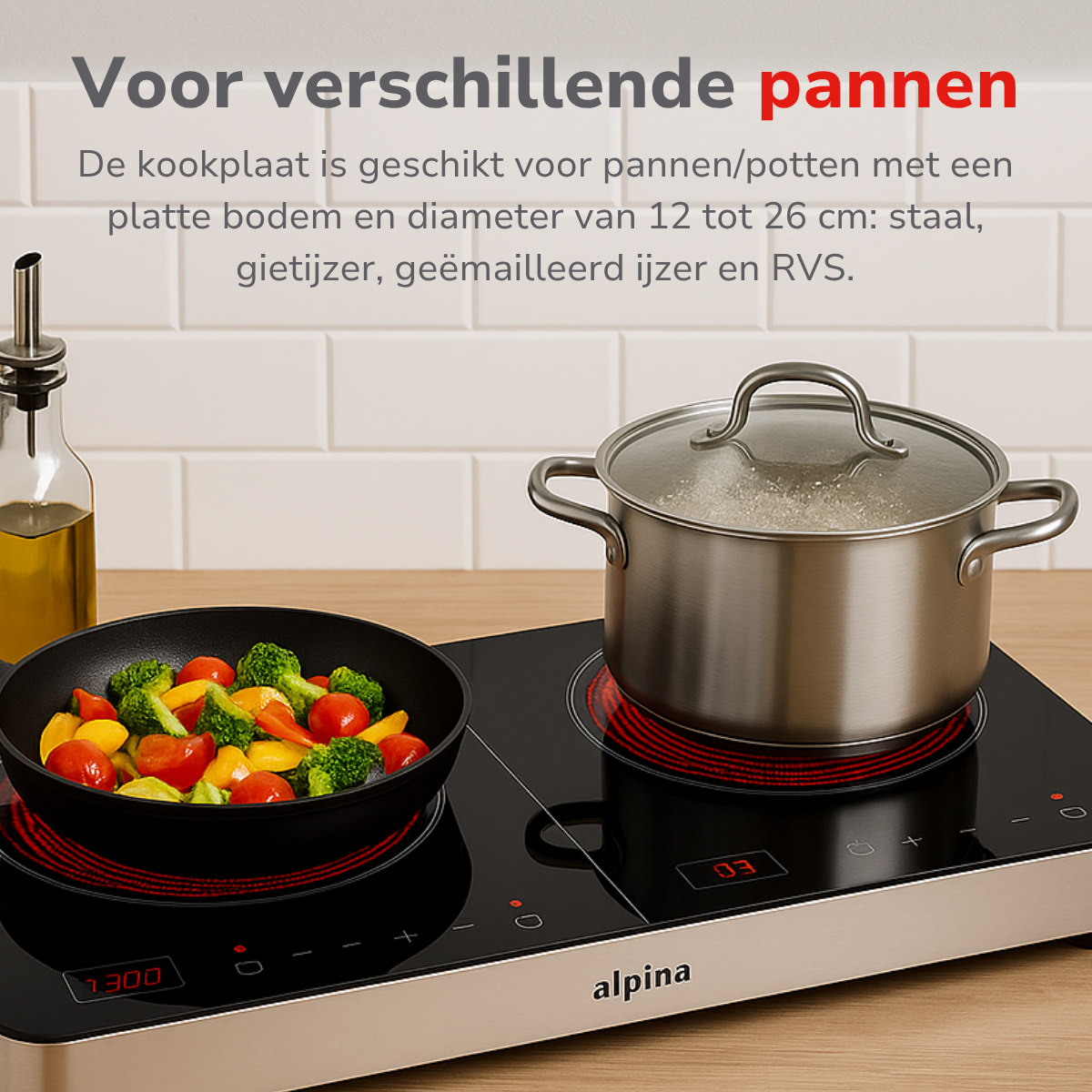 A stovetop with two cooking zones. A pan with food on the left and a pot on the right.