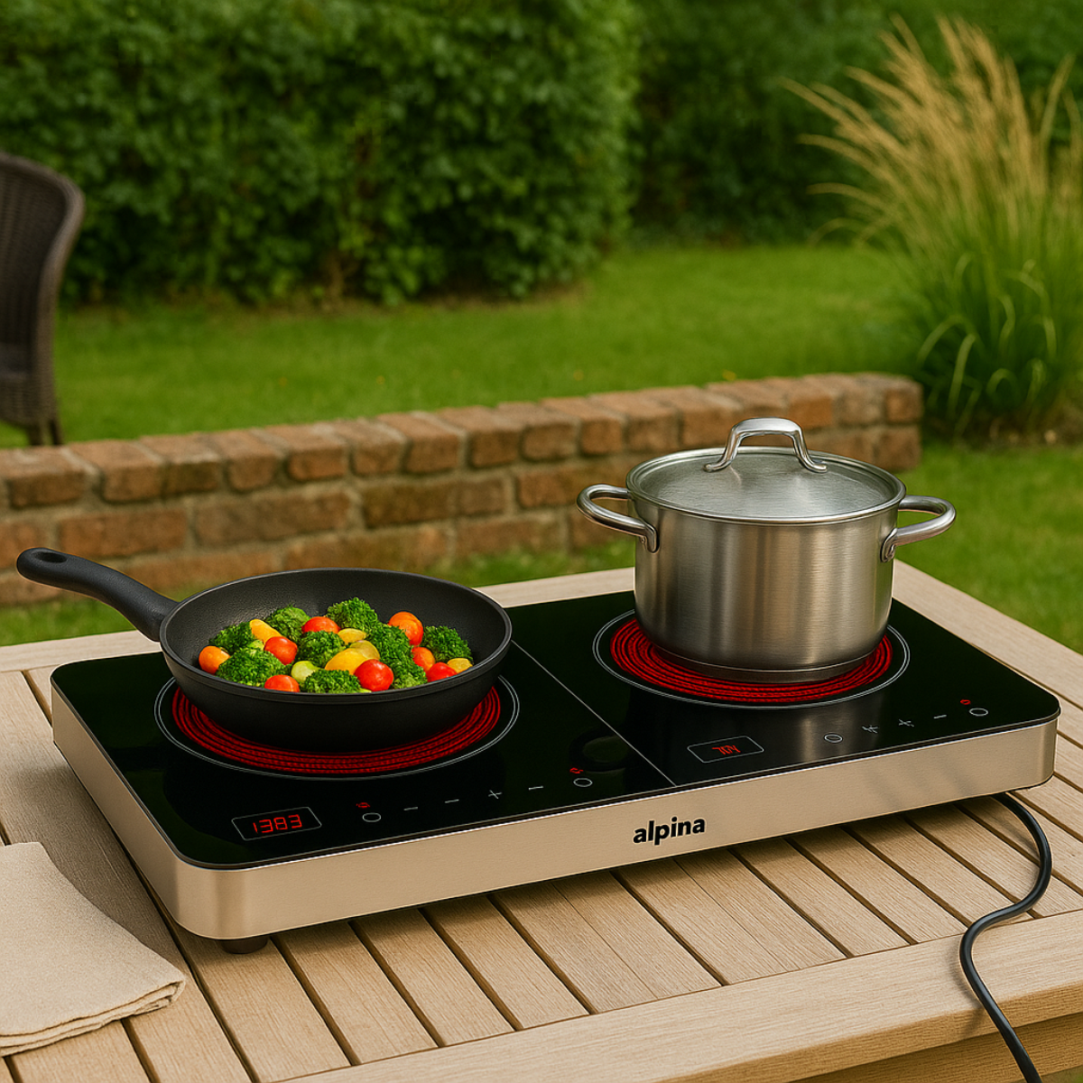 A double burner induction cooktop with pots and pans. Vegetables are in the pan on the left burner.