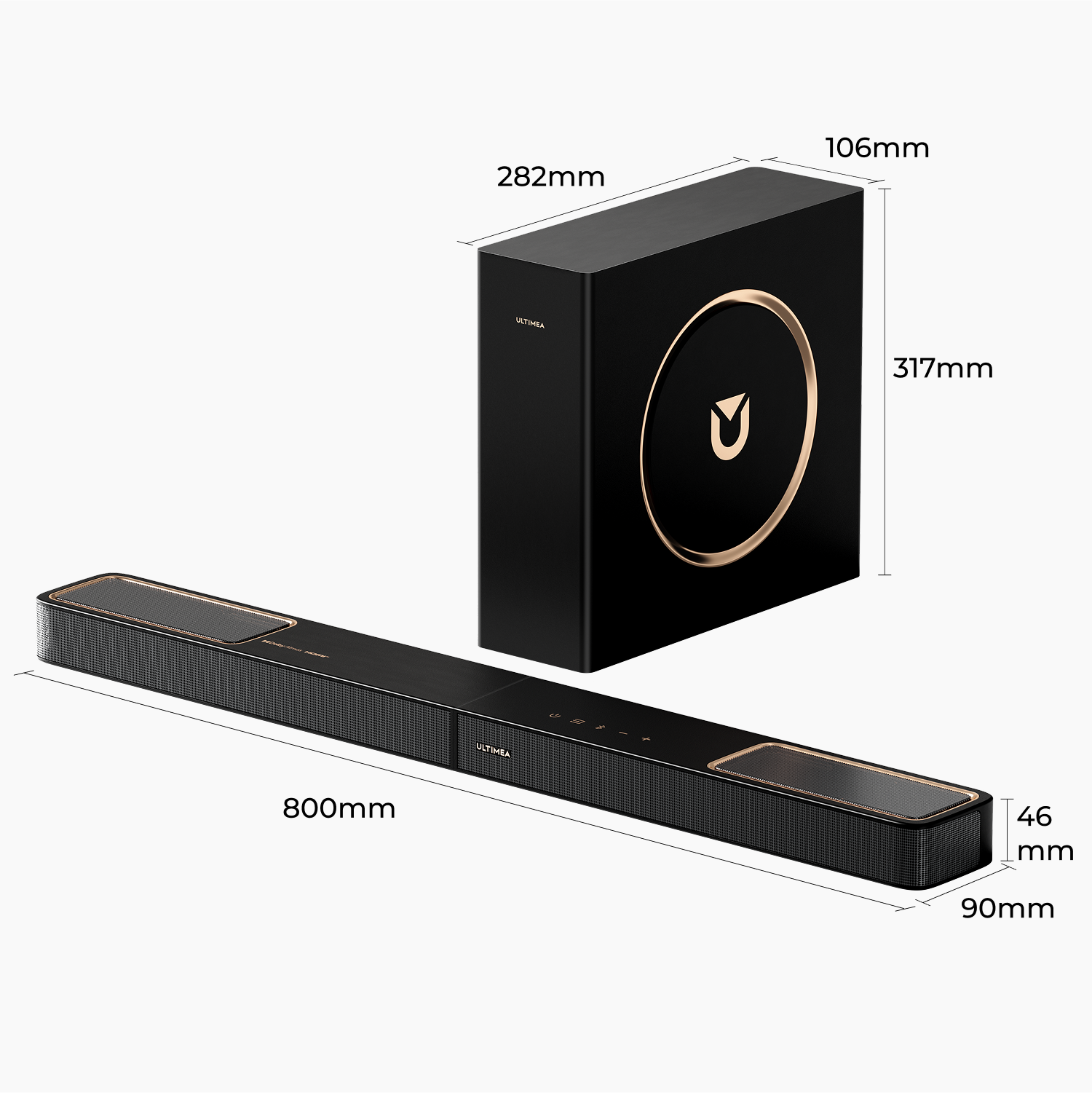 Schwarze Soundbar und Subwoofer mit goldenen Akzenten und beschrifteten Abmessungen. Die Soundbar ist lang, der Subwoofer ist eine Box.