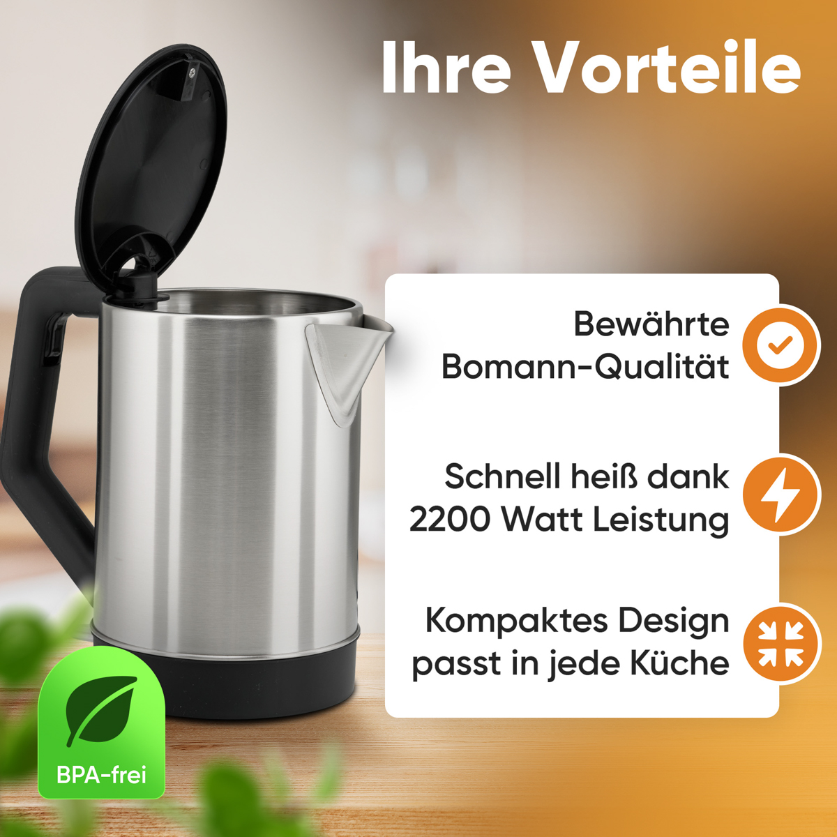 Czajnik ze stali nierdzewnej, otwarty, z tekstem informacyjnym i ikonami o jego funkcjach.