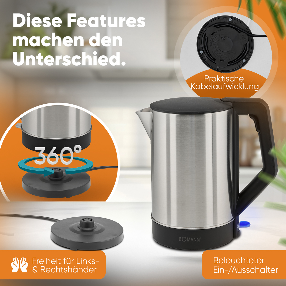 Czajnik ze stali nierdzewnej na podstawie. Pokazano funkcje, takie jak obrót 360° i podświetlany przełącznik.