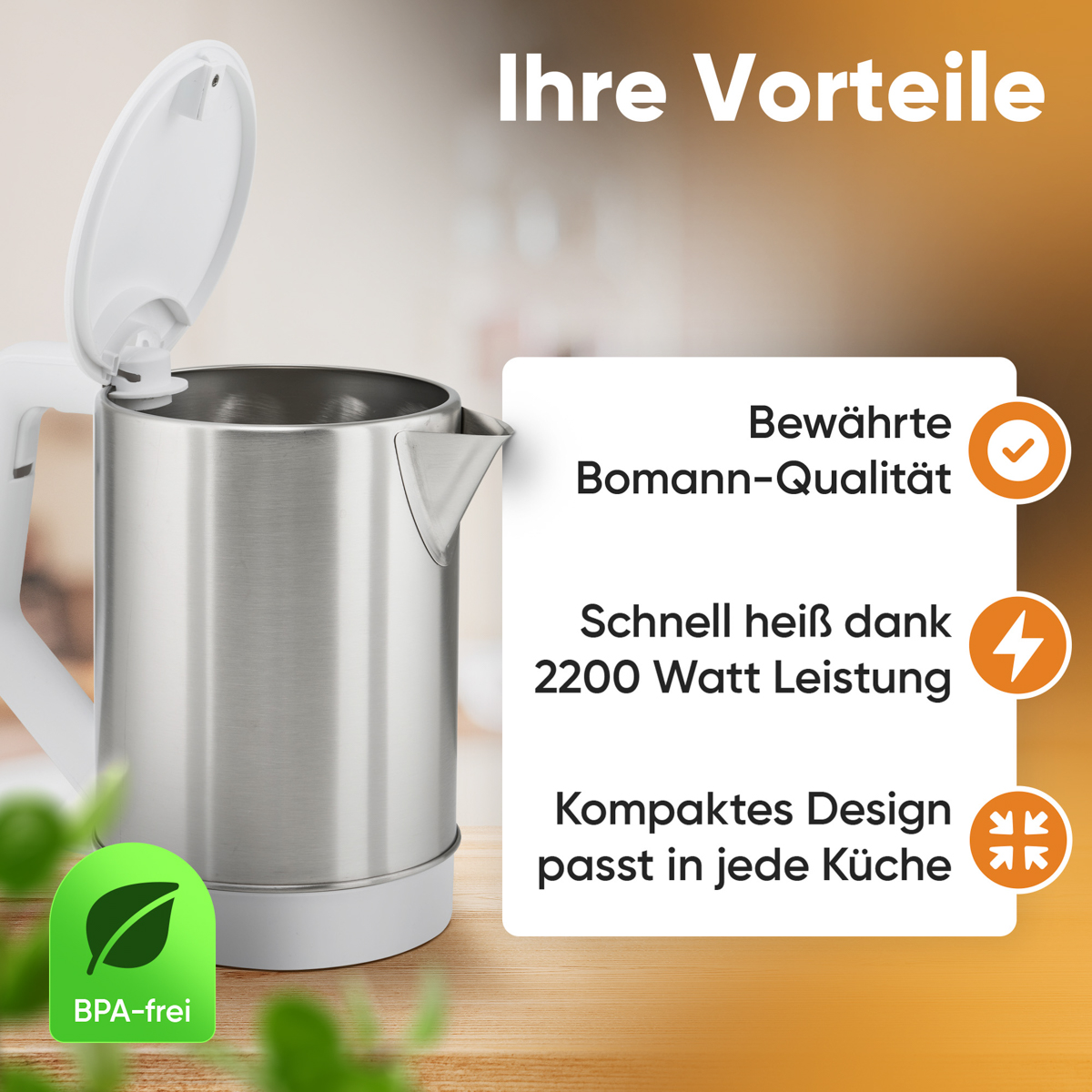 Biały czajnik z tekstem i ikonami opisującymi funkcje. Zawiera ikony wolne od BPA i szybkiego gotowania.