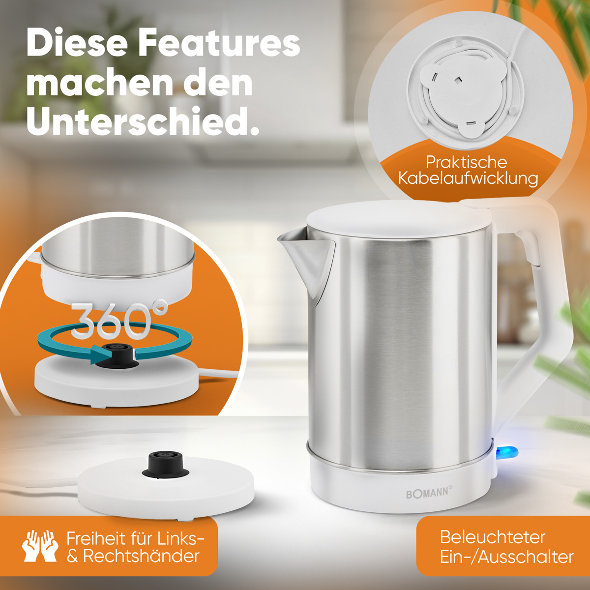 Czajnik elektryczny ze stali nierdzewnej z podstawą 360 stopni i podświetlanym włącznikiem.