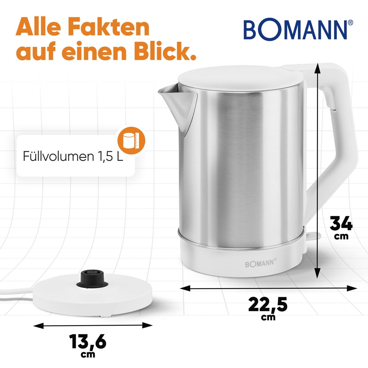 Biały czajnik ze stali nierdzewnej z wymiarami. Podstawa jest oddzielna. Widoczne etykiety informacyjne.