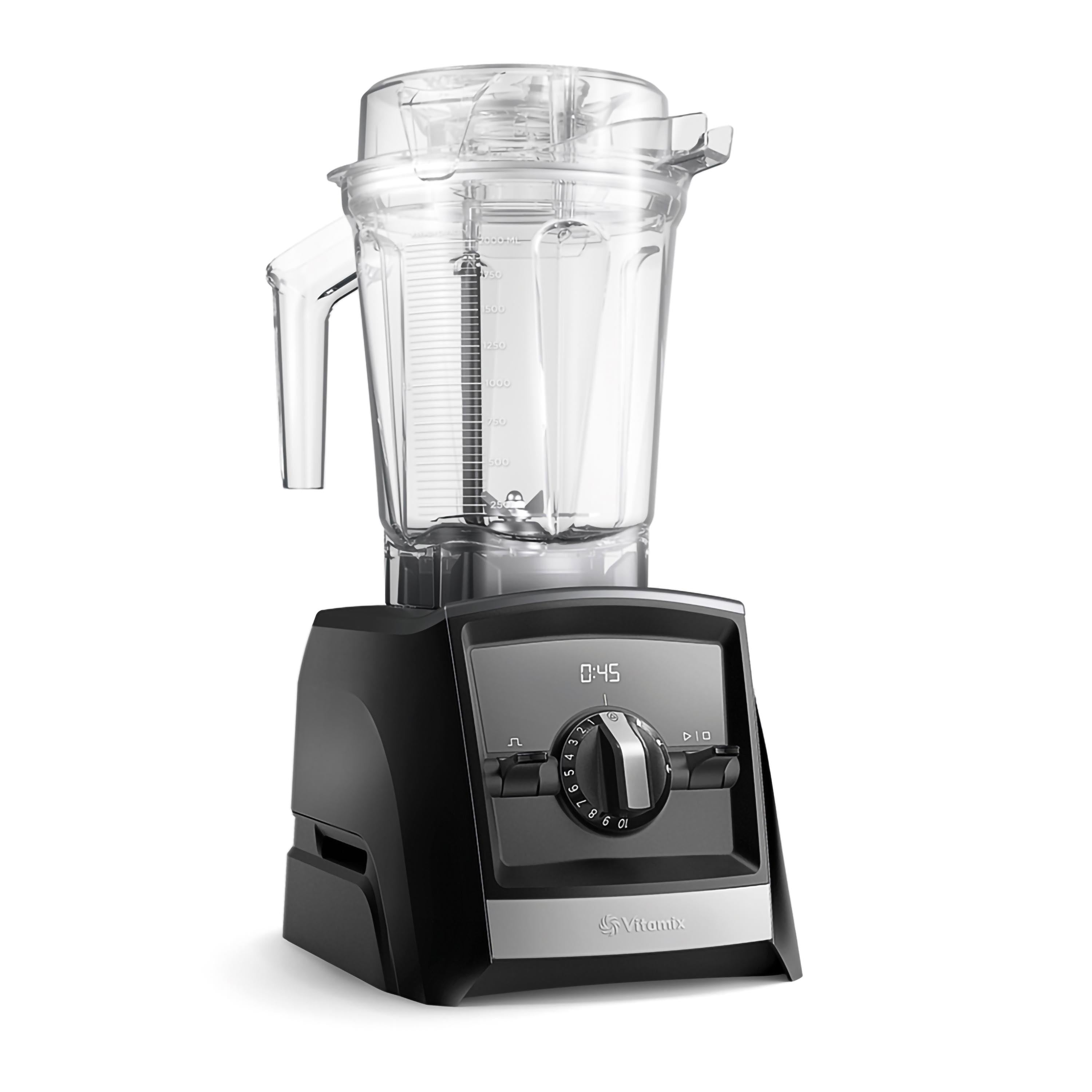 Un frullatore nero con un contenitore trasparente. Il pannello di controllo ha una manopola e un display del timer. Marchio Vitamix.