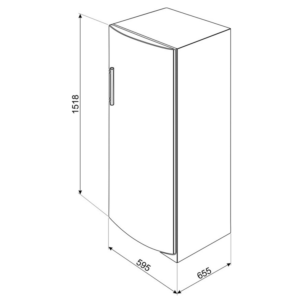 Vista isometrica di un frigorifero bianco con dimensioni in millimetri. È un elettrodomestico alto e stretto.