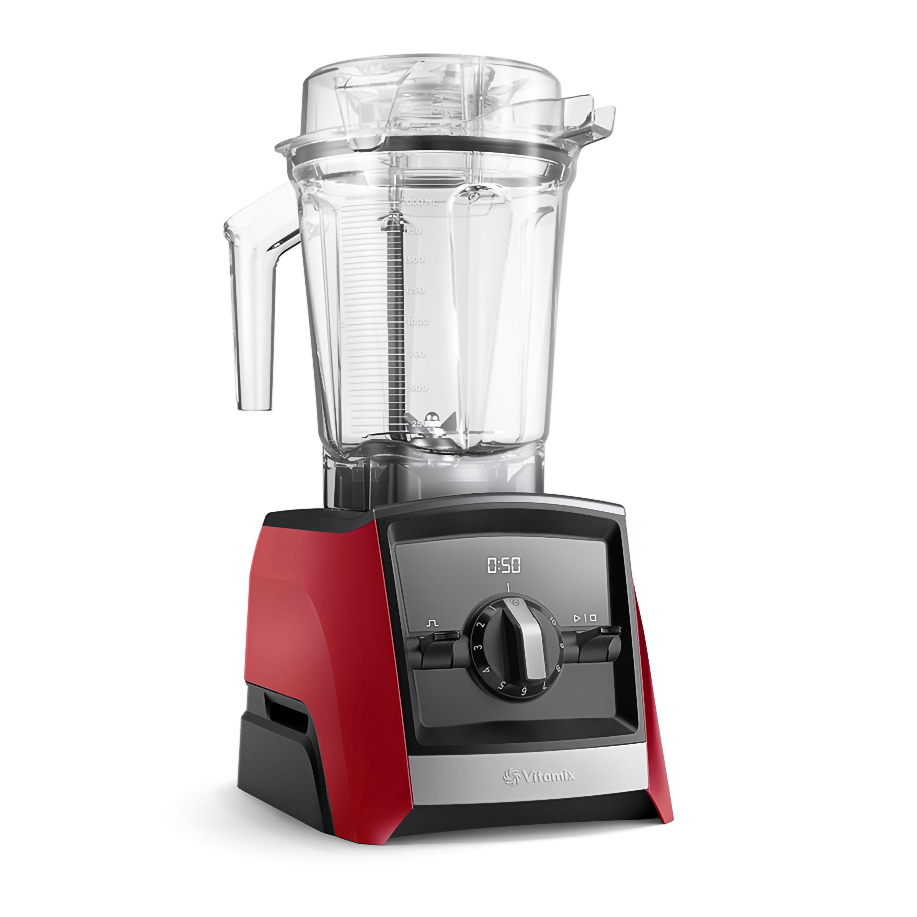 Frullatore rosso e nero con contenitore trasparente. Pannello con manopola e timer. Marchio Vitamix.
