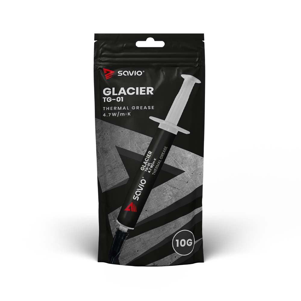 Opakowanie pasty termoprzewodzącej z napisem 'Glacier TG-01'. To czarna i srebrna tubka w czarnym worku.
