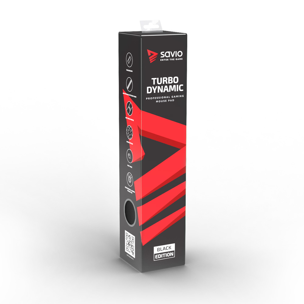 Wysokie czarne pudełko z czerwonymi akcentami. Jest na nim napis 'Turbo Dynamic' i 'Profesjonalna podkładka pod mysz'.