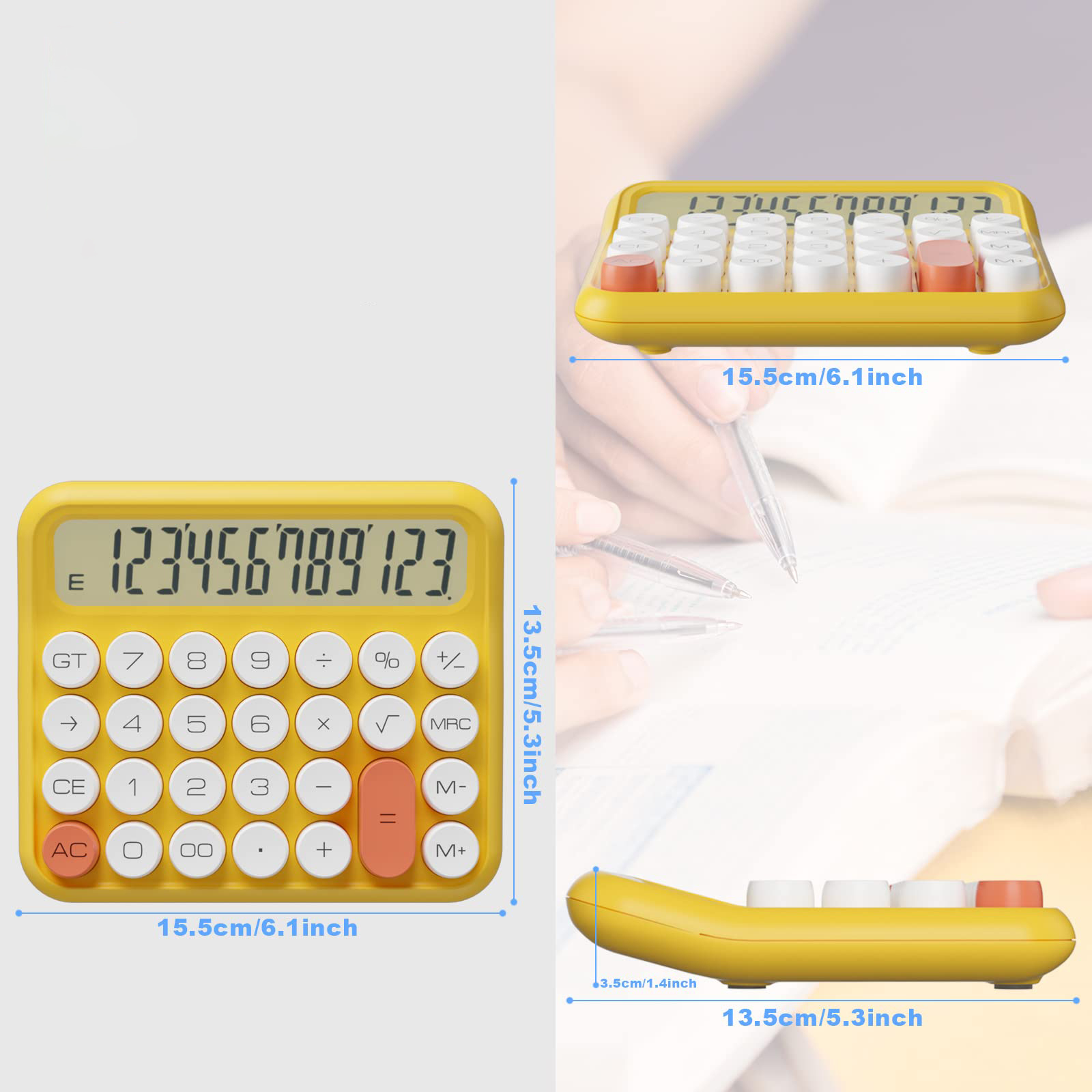 Ein gelber Taschenrechner, der aus verschiedenen Blickwinkeln gezeigt wird, mit überlagerten Abmessungen, die sein Design hervorheben.