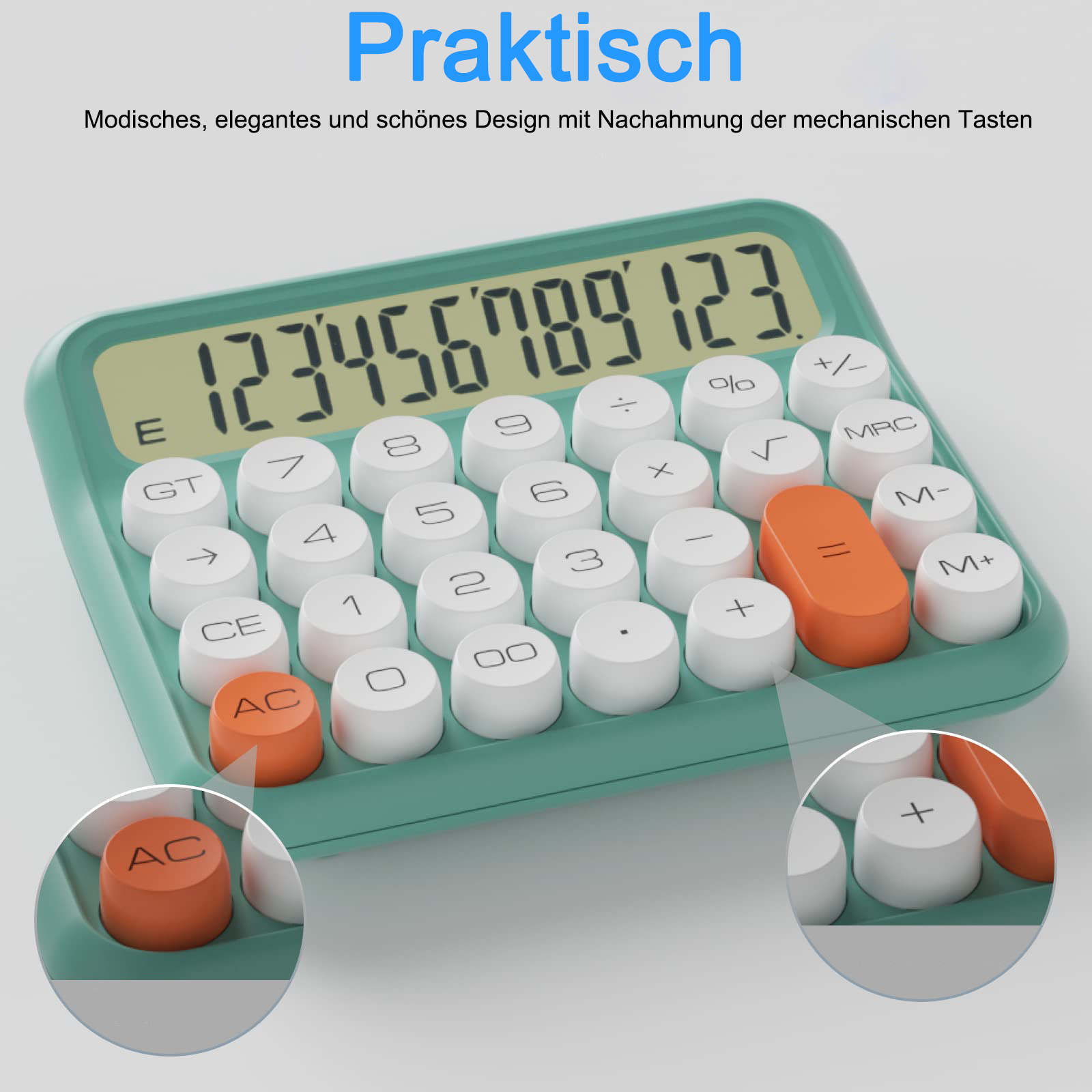 Ein Taschenrechner mit großen, runden Tasten. Das Display zeigt Zahlen an und das Design ist türkis.