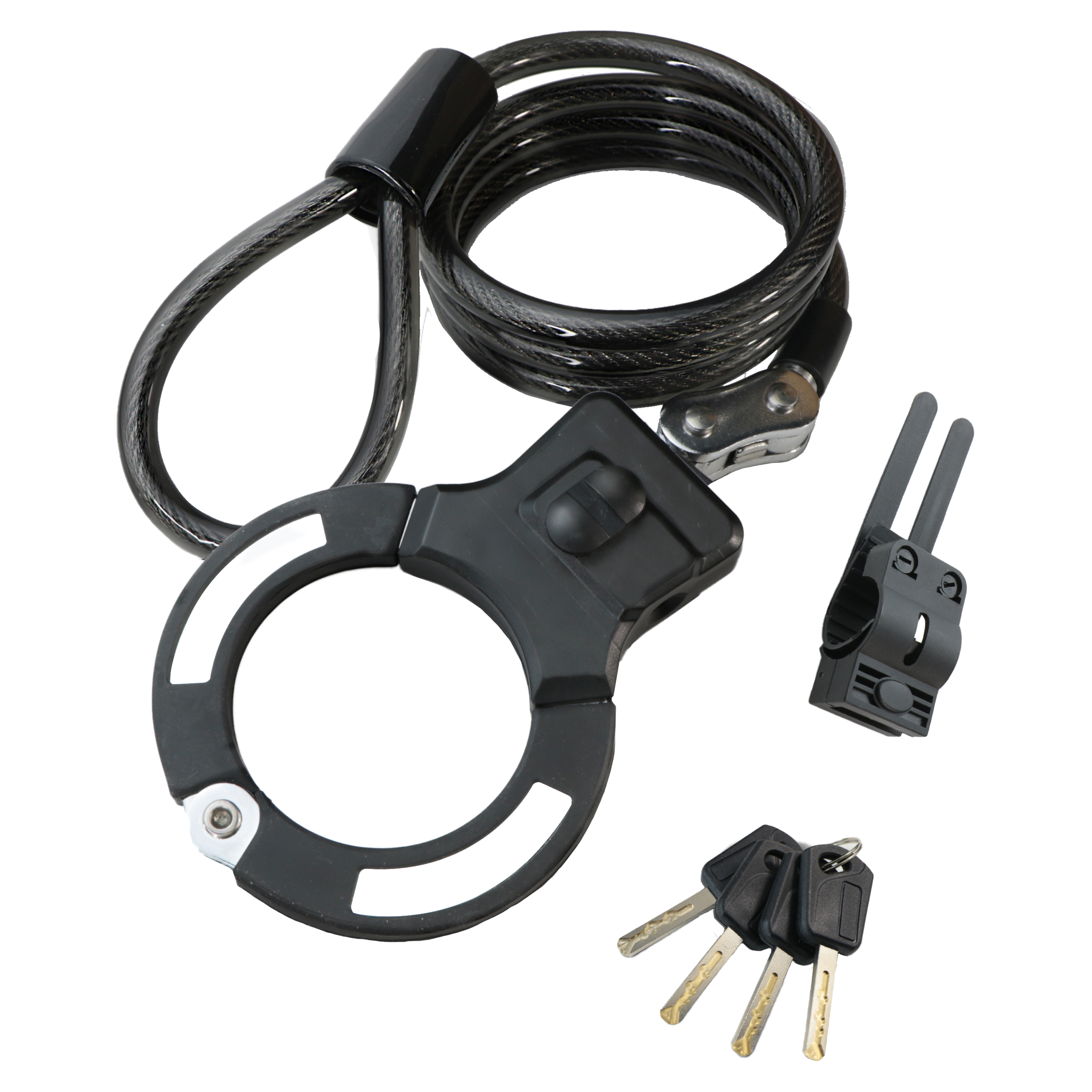 Schwarzes Bügelschloss mit Kabel. Enthält einen Schlosskörper, einen Bügel, ein Kabel und drei Schlüssel.
