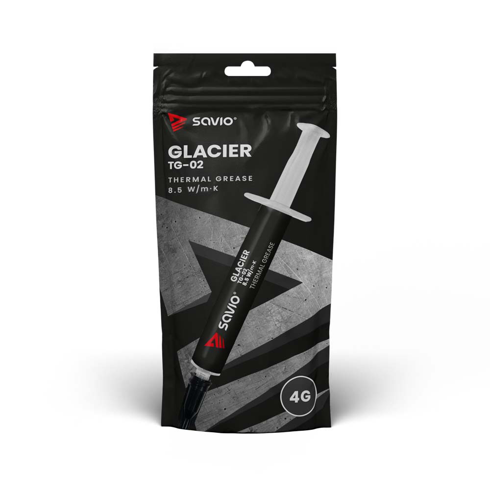 Tubka pasty termoprzewodzącej, z białym i czarnym opakowaniem. Oznaczone 'SAVIO' i 'GLACIER'.