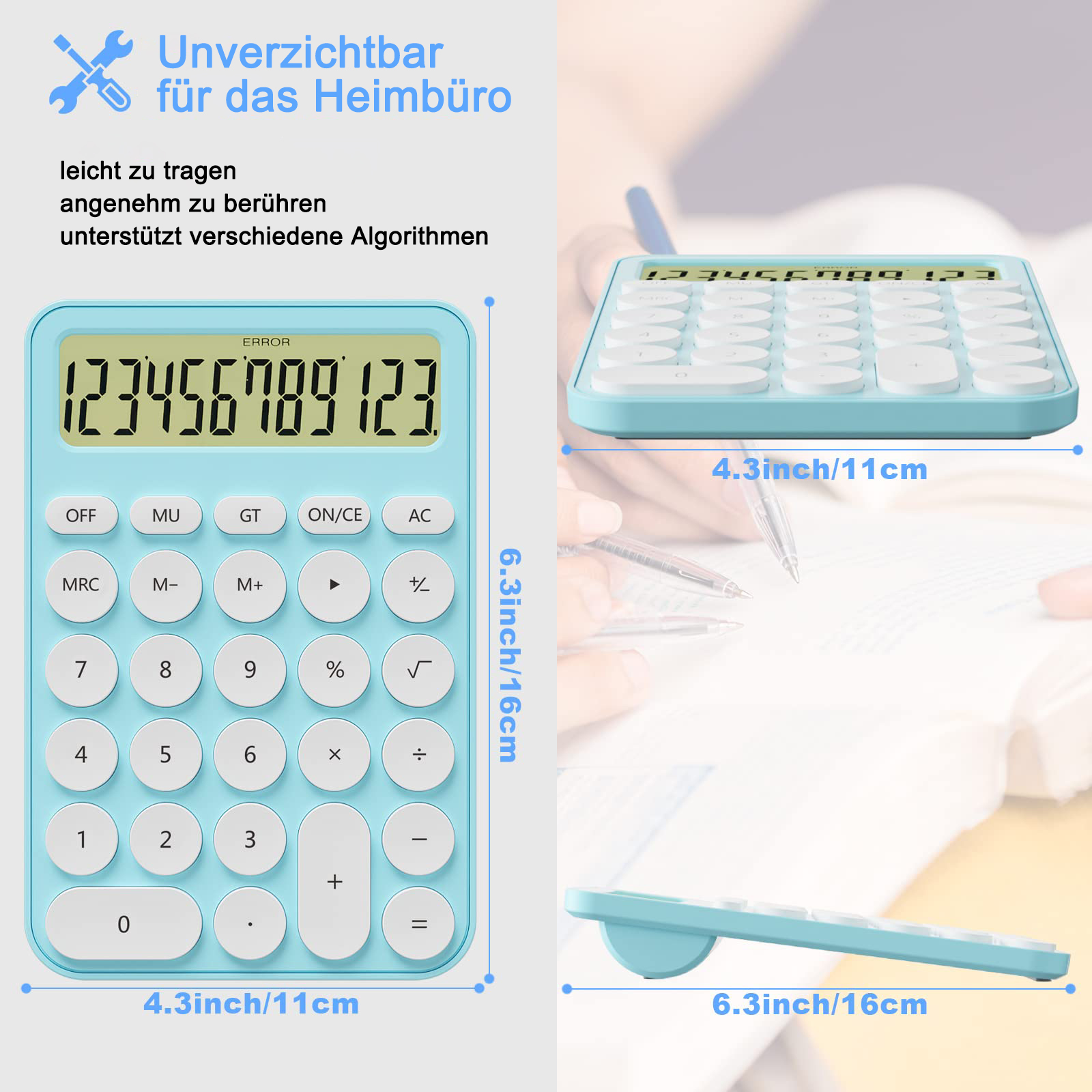 Rechner auf weißem Grund. Text und Abmessungen werden angezeigt. Der Rechner ist blau.