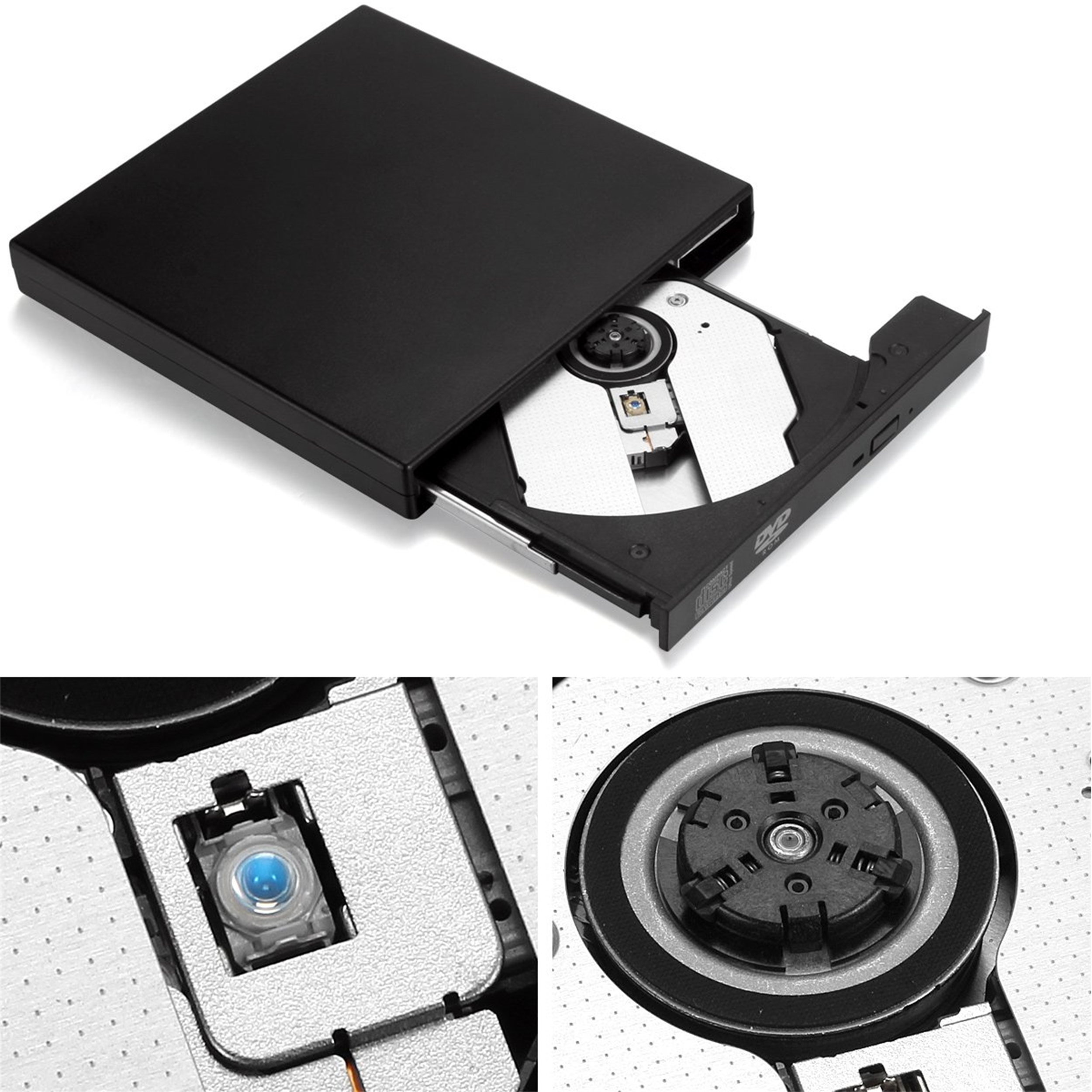 Schwarzes externes DVD-Laufwerk mit ausgefahrenem Fach, das die Laserlinse und Scheibendetails zeigt.