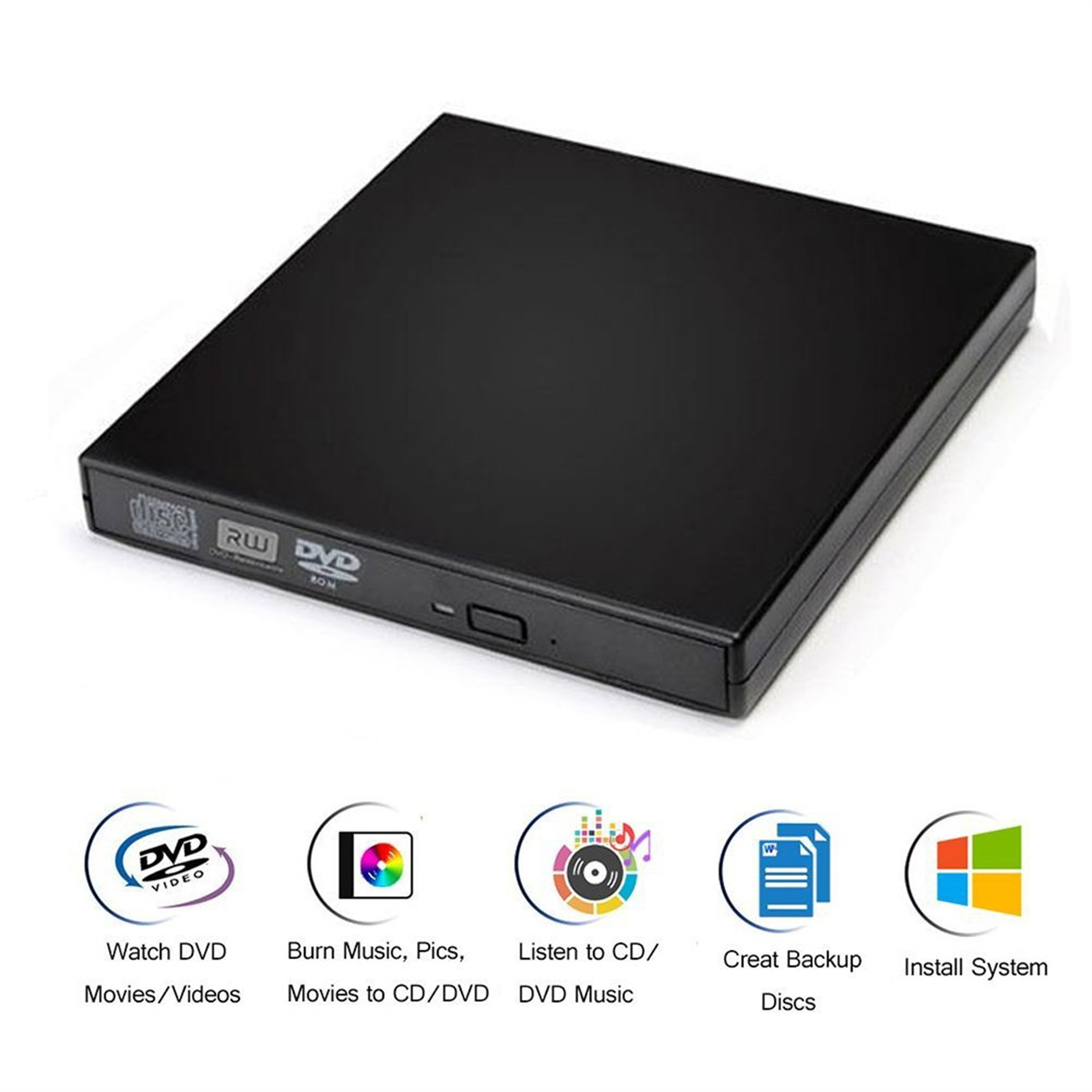 Ein schwarzes externes CD/DVD-Laufwerk mit Symbolen für DVD-Video, Musik, Backup und Systeminstallationsfunktionen.