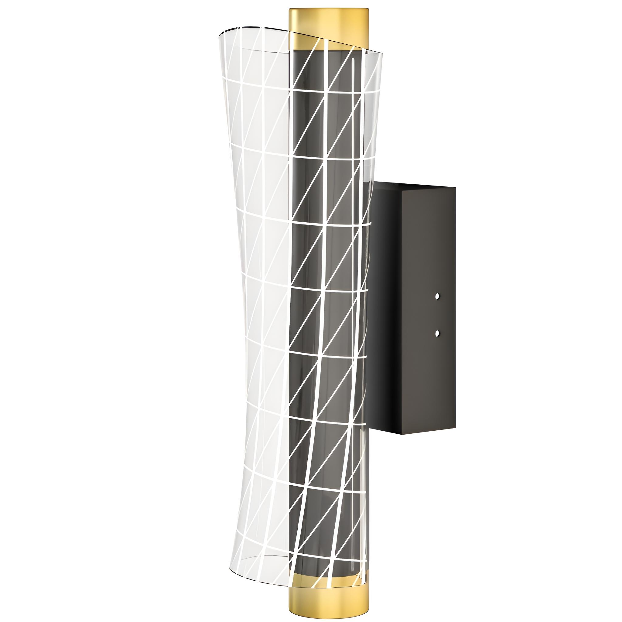 Eine Wandleuchte mit schwarzem und goldenem Design, einem weißen Gitter und einem weißen Hintergrund.