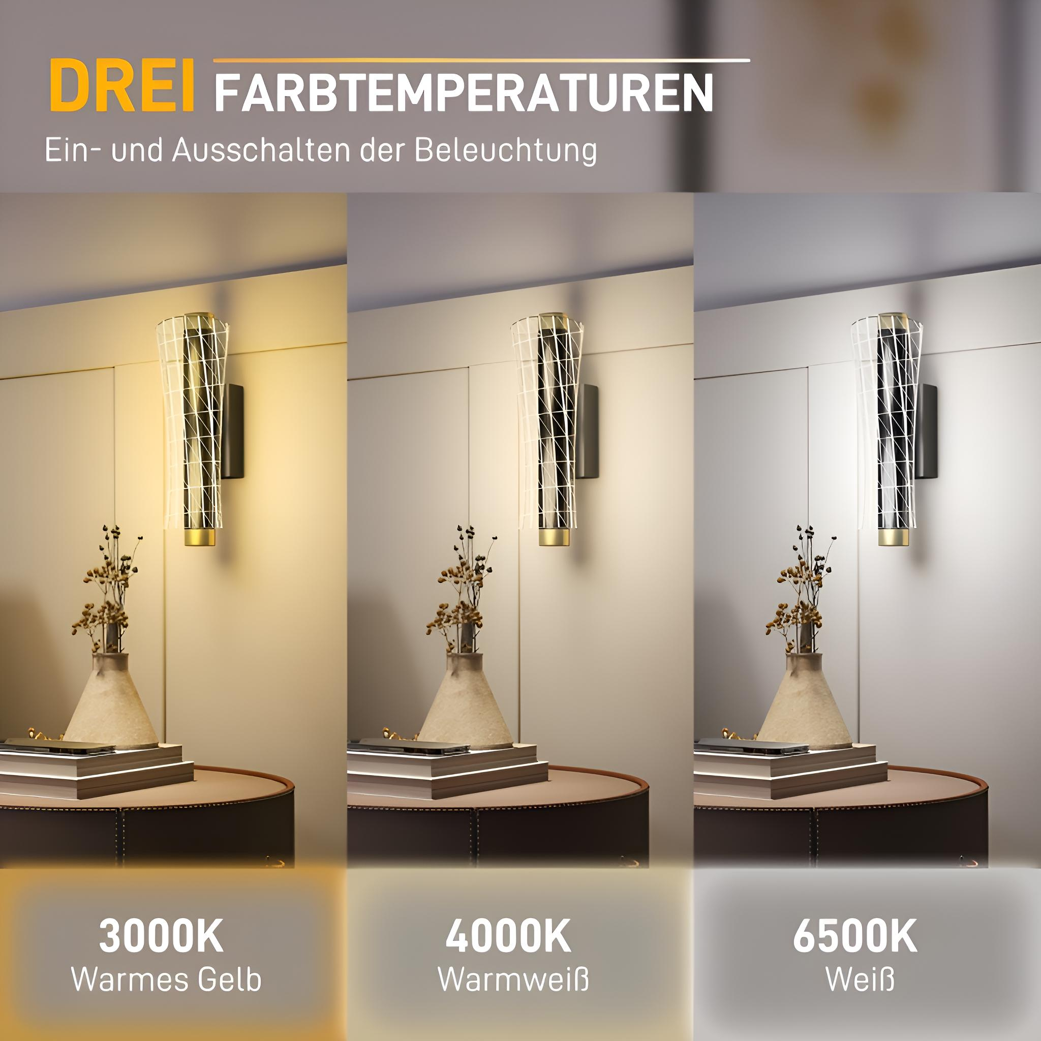 Drei Bilder mit Wandlampen in verschiedenen Farbtemperaturen: warmgelb, warmweiß und weiß.