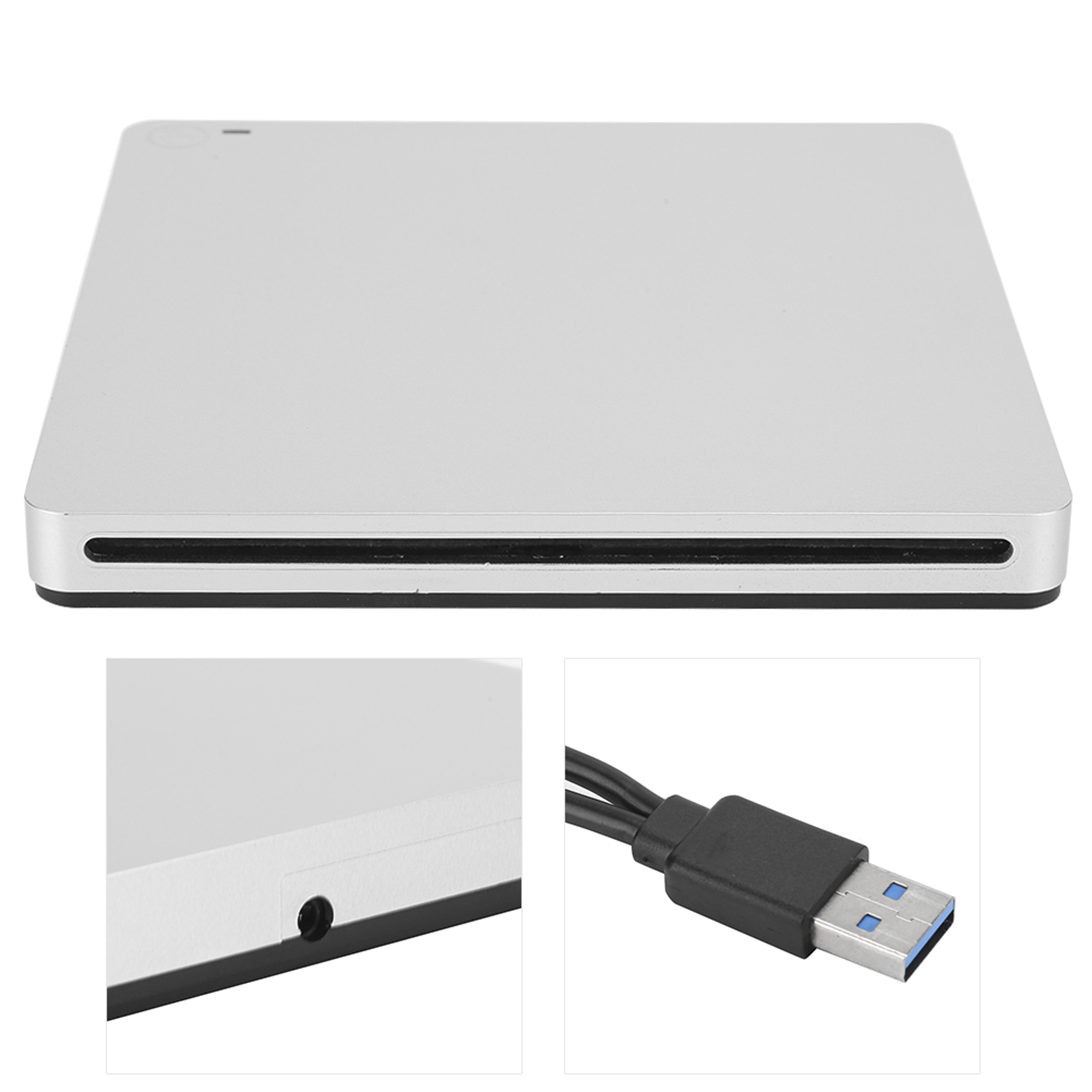 Silbernes externes CD/DVD-Laufwerk. Nahaufnahme der Seite und USB-Anschlussdetails.