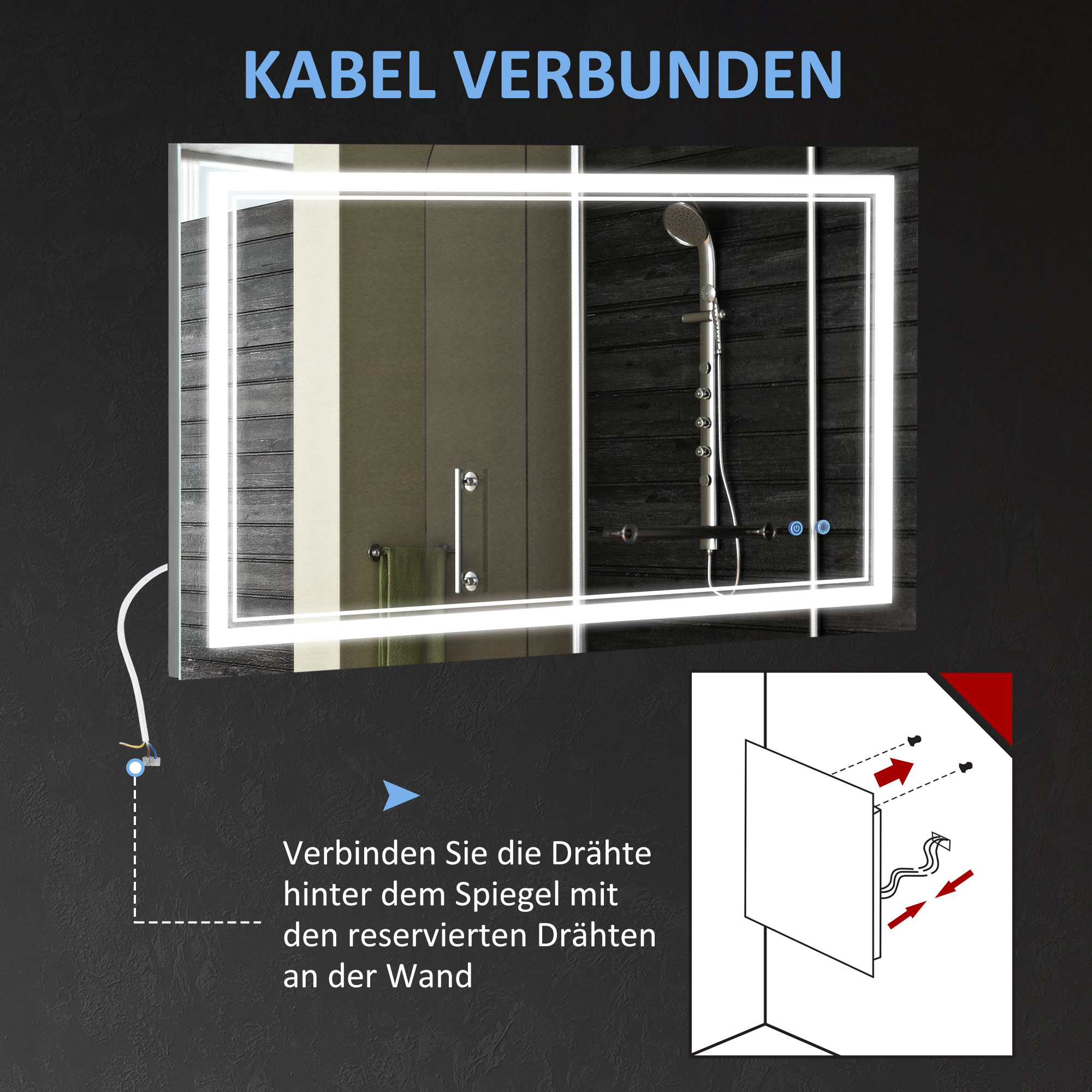 Spiegel mit hellem Licht am Rand, der einen Duschkopf reflektiert. Text: Kabel verbunden.