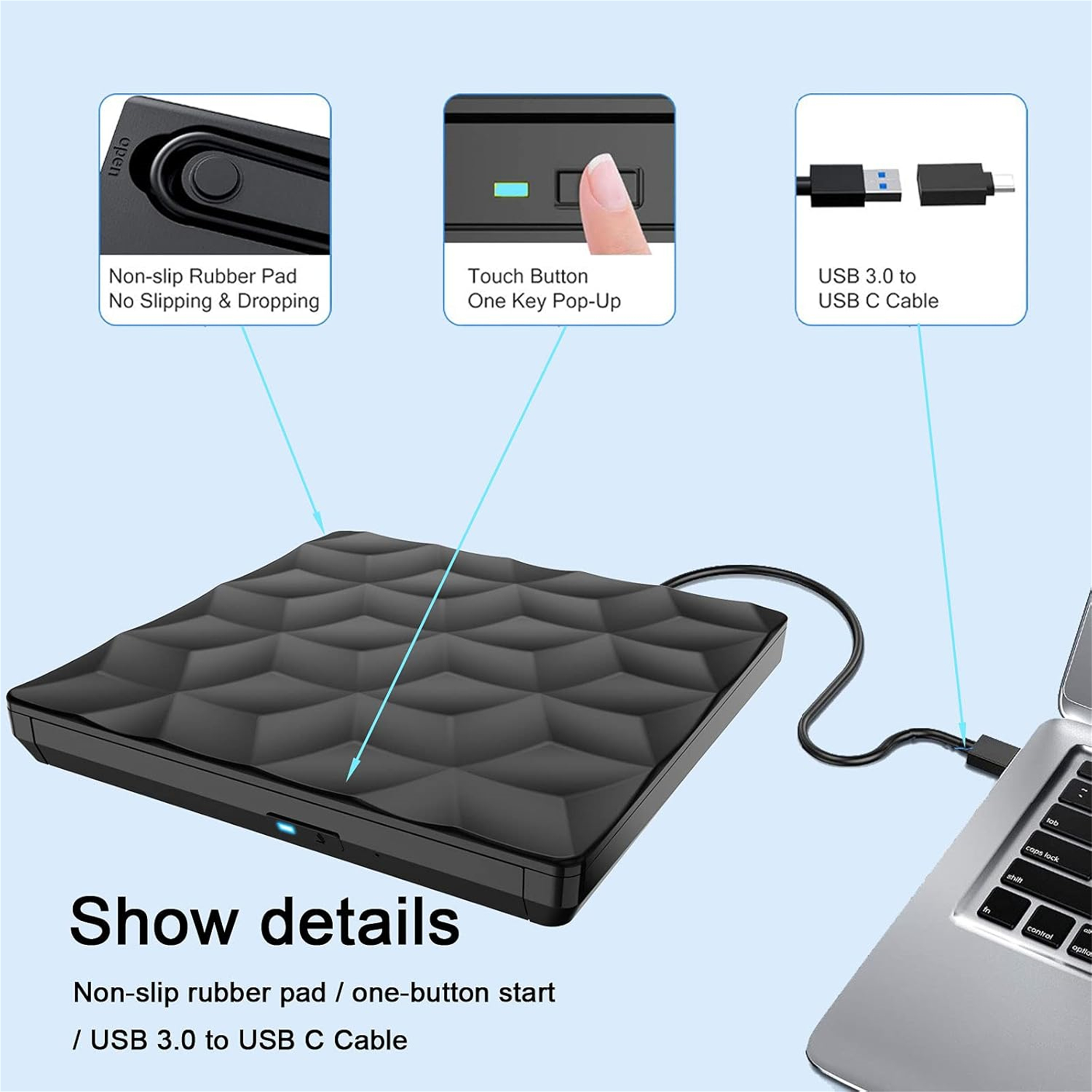 Schwarzes CD/DVD-Laufwerk mit strukturierter Oberfläche. Details: rutschfestes Pad, Touch-Taste, USB 3.0.