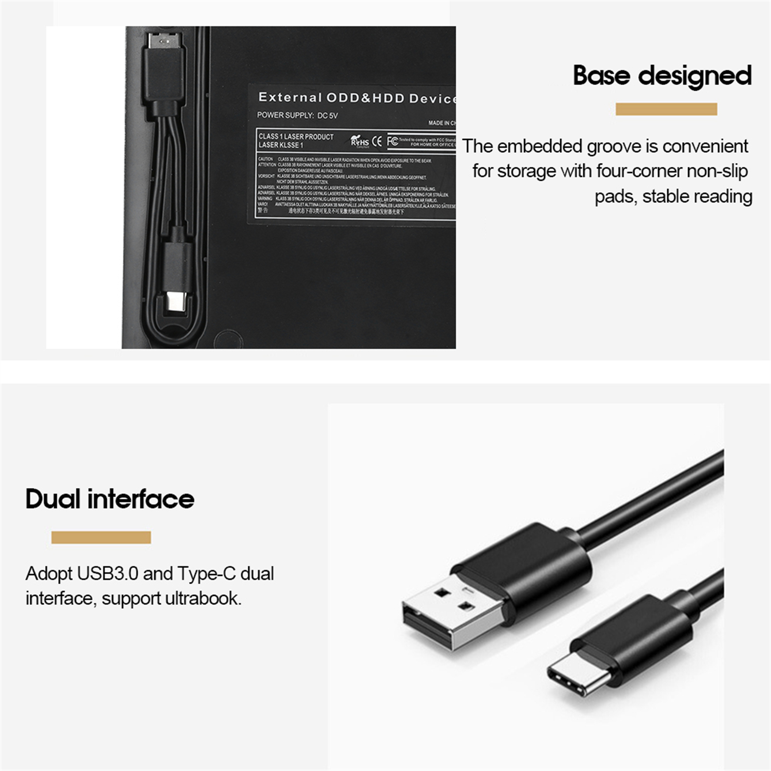 Detaillierte Ansicht des CD/DVD-Laufwerks mit Kabel und Details der USB-Schnittstelle.