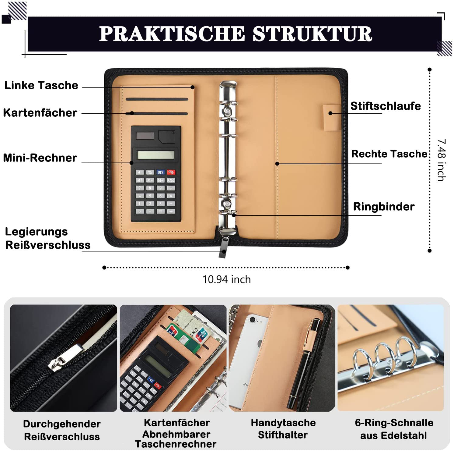 Schwarzer Organizer mit Taschenrechner, Stifthalter und Kartenfächern. Beige Innenausstattung mit Ringbuch.