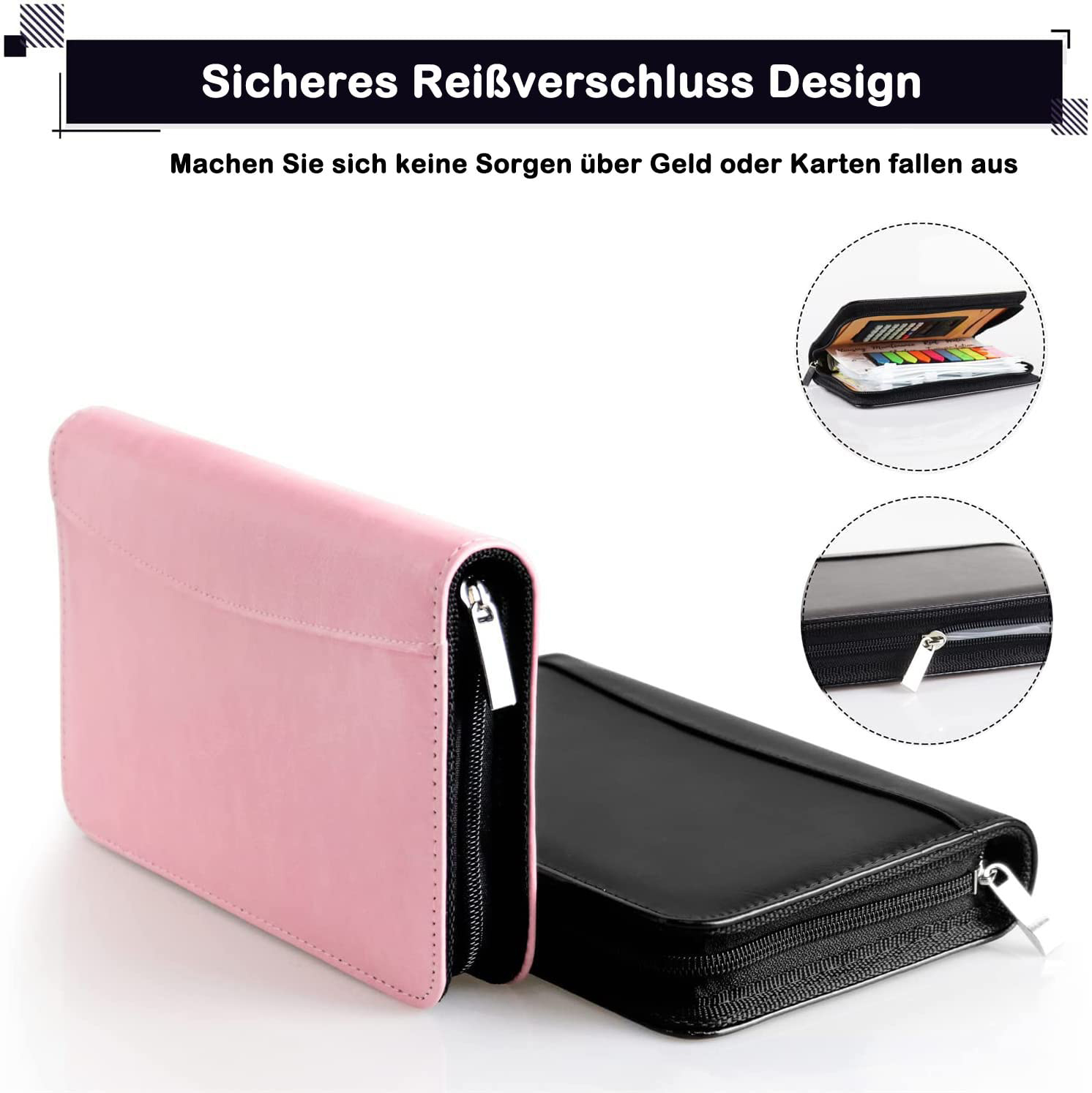 Rosa und schwarze Reißverschluss-Etuis, das rosa ist geöffnet. Text: sicheres Reißverschlussdesign.