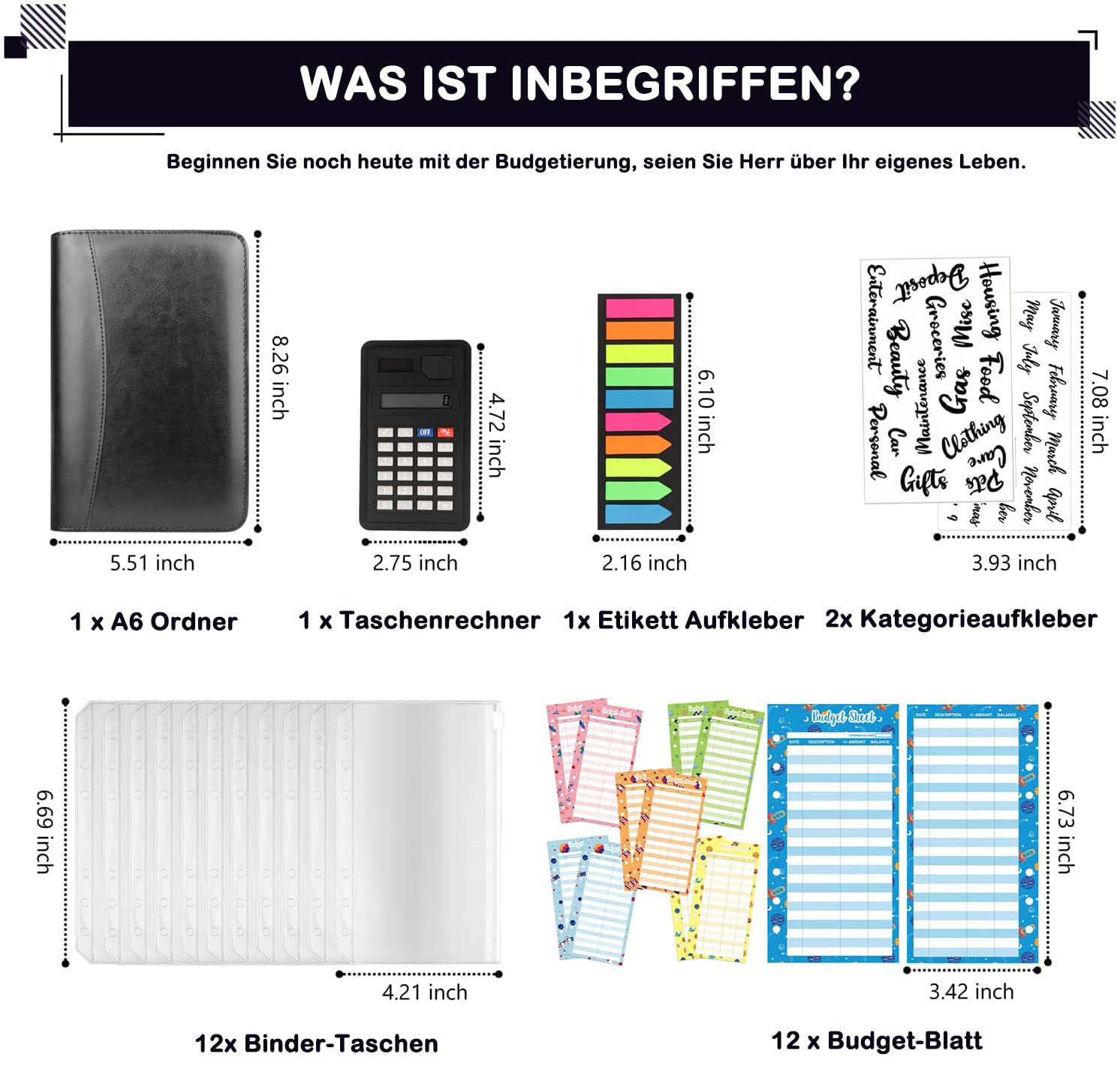 Artikel, darunter ein A6-Ordner, ein Taschenrechner, Haftnotizen und Budgetblätter, alles in einem Budgetplaner-Set.