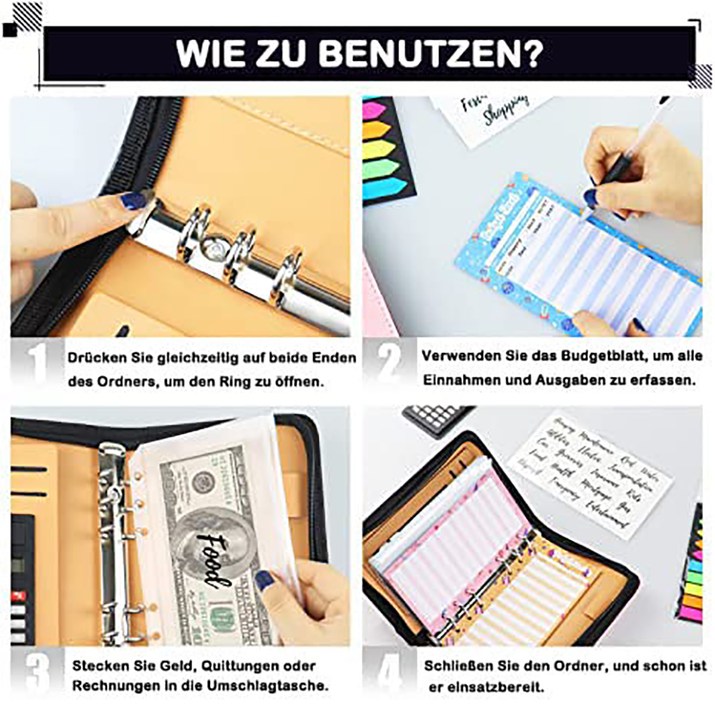Schritte zur Verwendung eines Ordners. Öffnen, Budgetblätter verwenden, Geld einlegen und schließen.