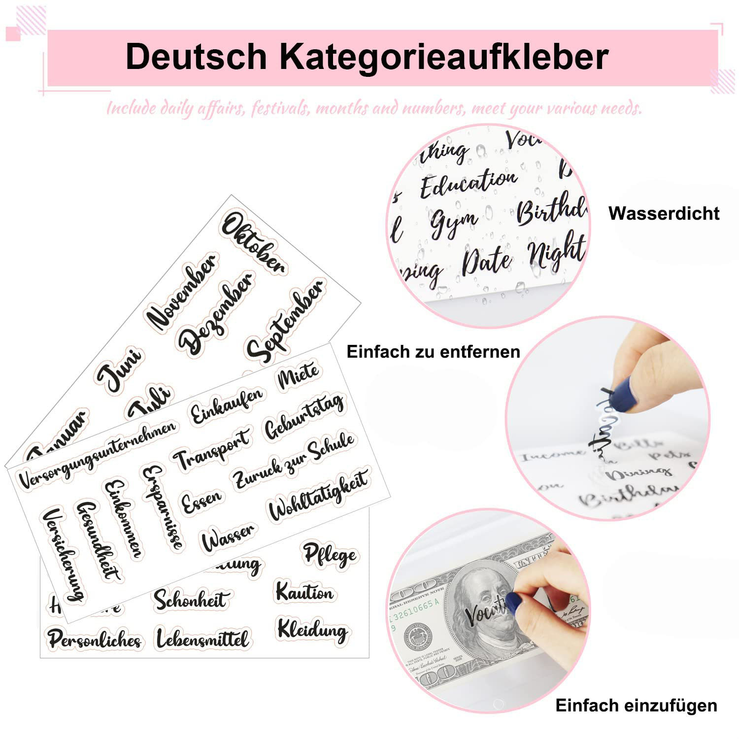 Etiketten mit Monats- und Kategorienamen. Eine Hand löst ein Etikett ab und klebt es auf einen Geldschein.