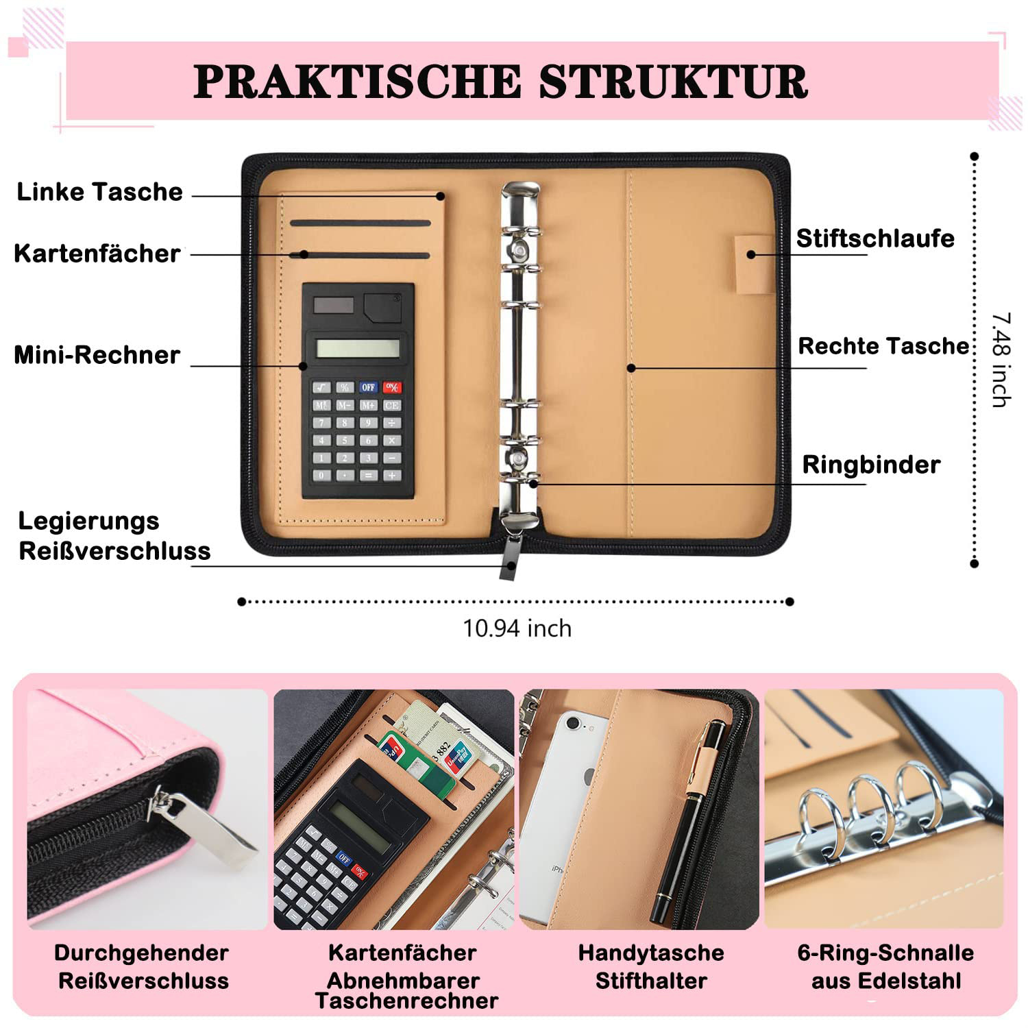 Ein rosa Organizer mit Taschenrechner, Kartenfächern, Stifthalter und Ringbuch, mit Maßangaben.