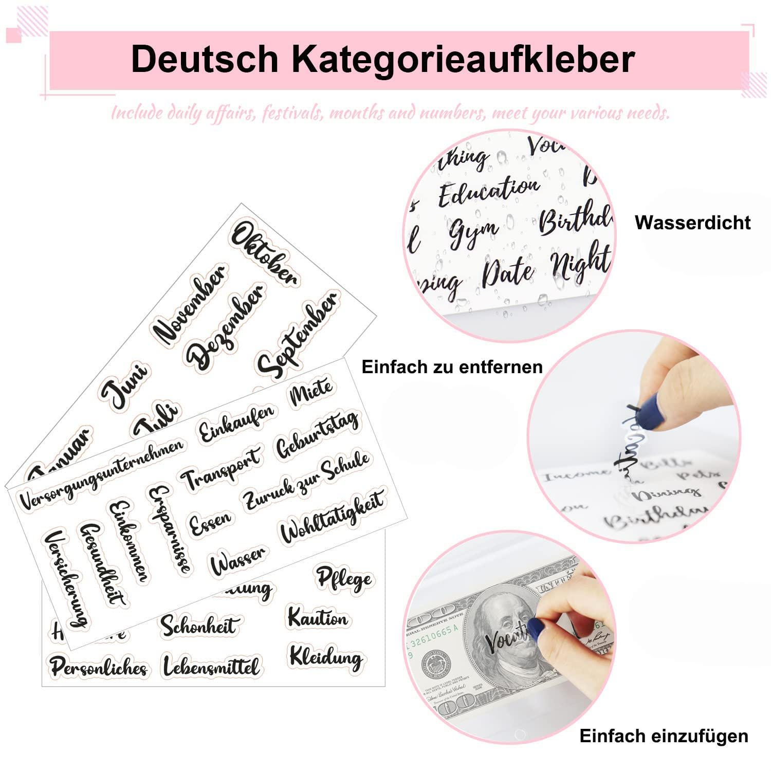 Deutsche Aufkleber für Kategorien, mit Beispielen und der Verwendung von Geld.