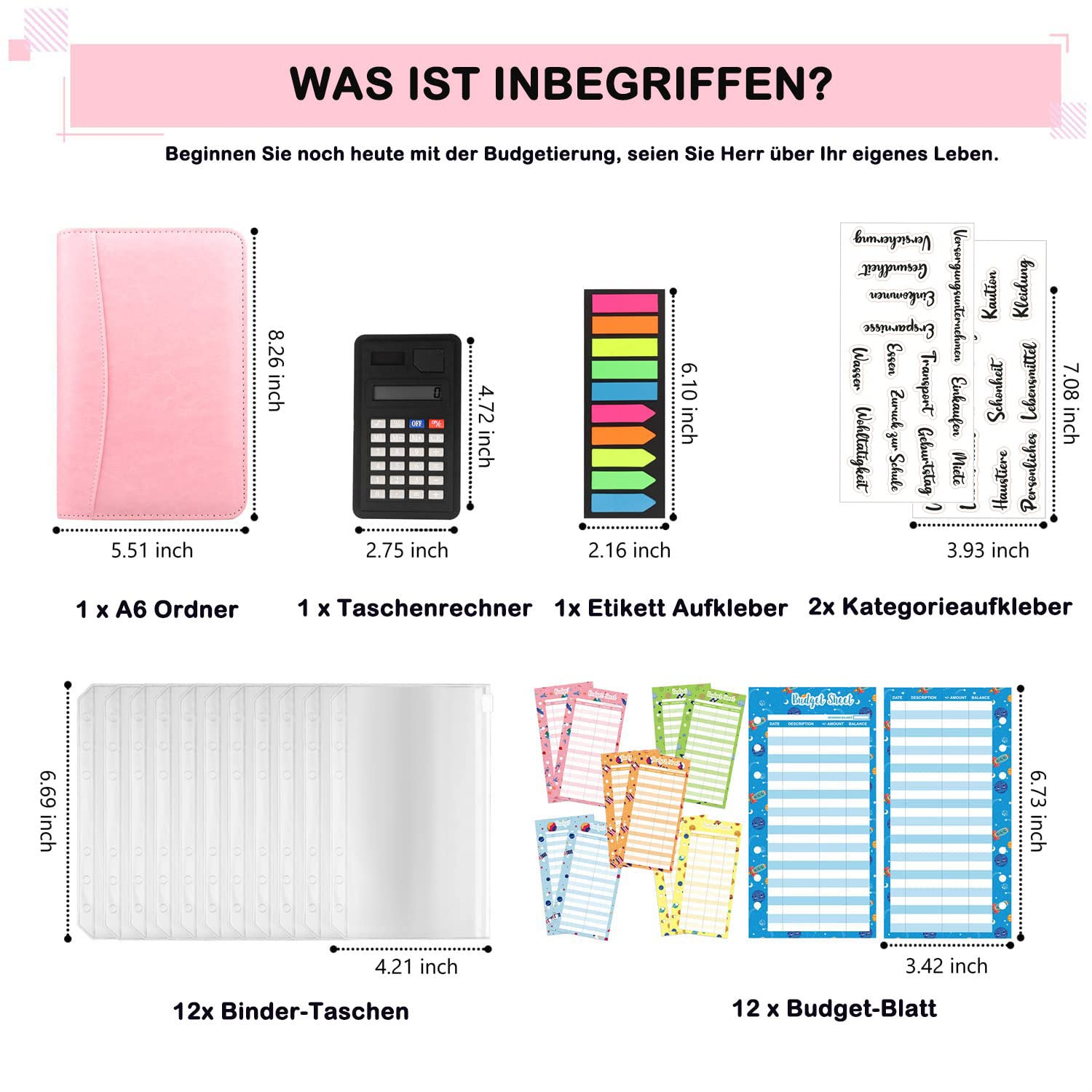 Ein Überblick über einen rosa Organizer mit Taschenrechner, Aufklebern und Budgetblättern, der verschiedene Elemente zeigt.